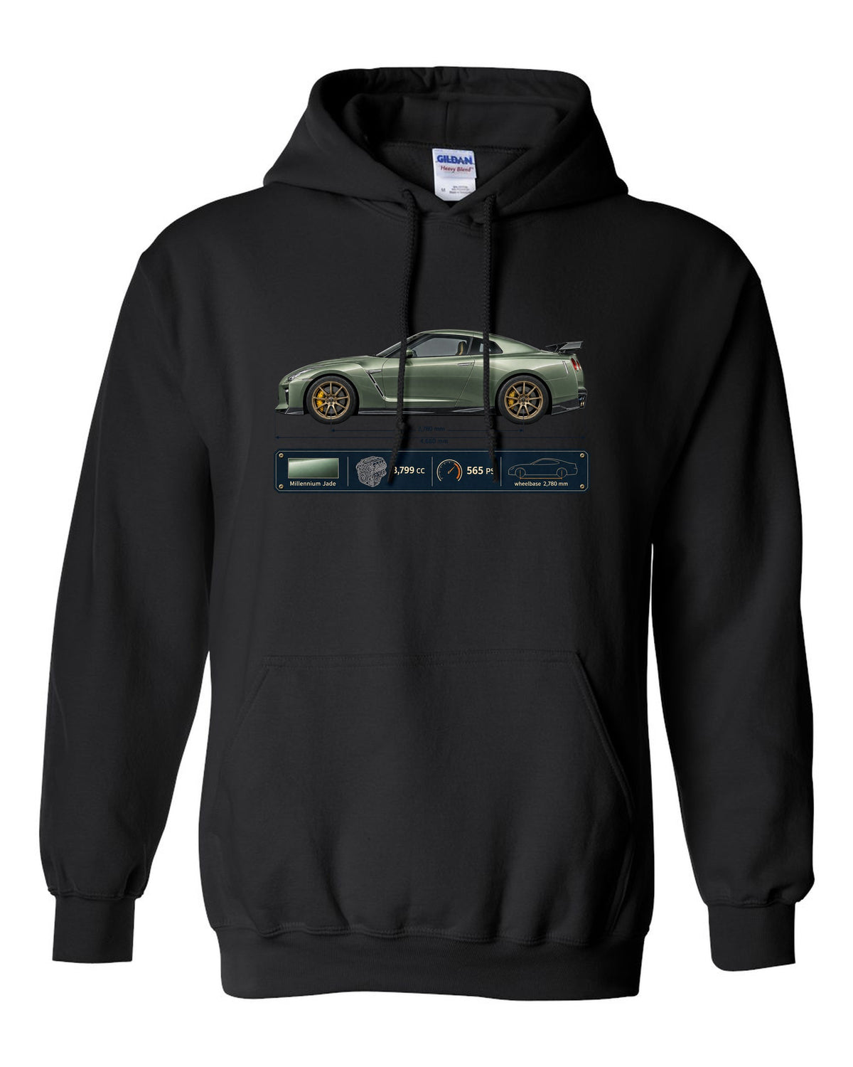 Nissan GT-R R35 T-spec Millennium Jade blueprint print black pull over hoodie front view with the design