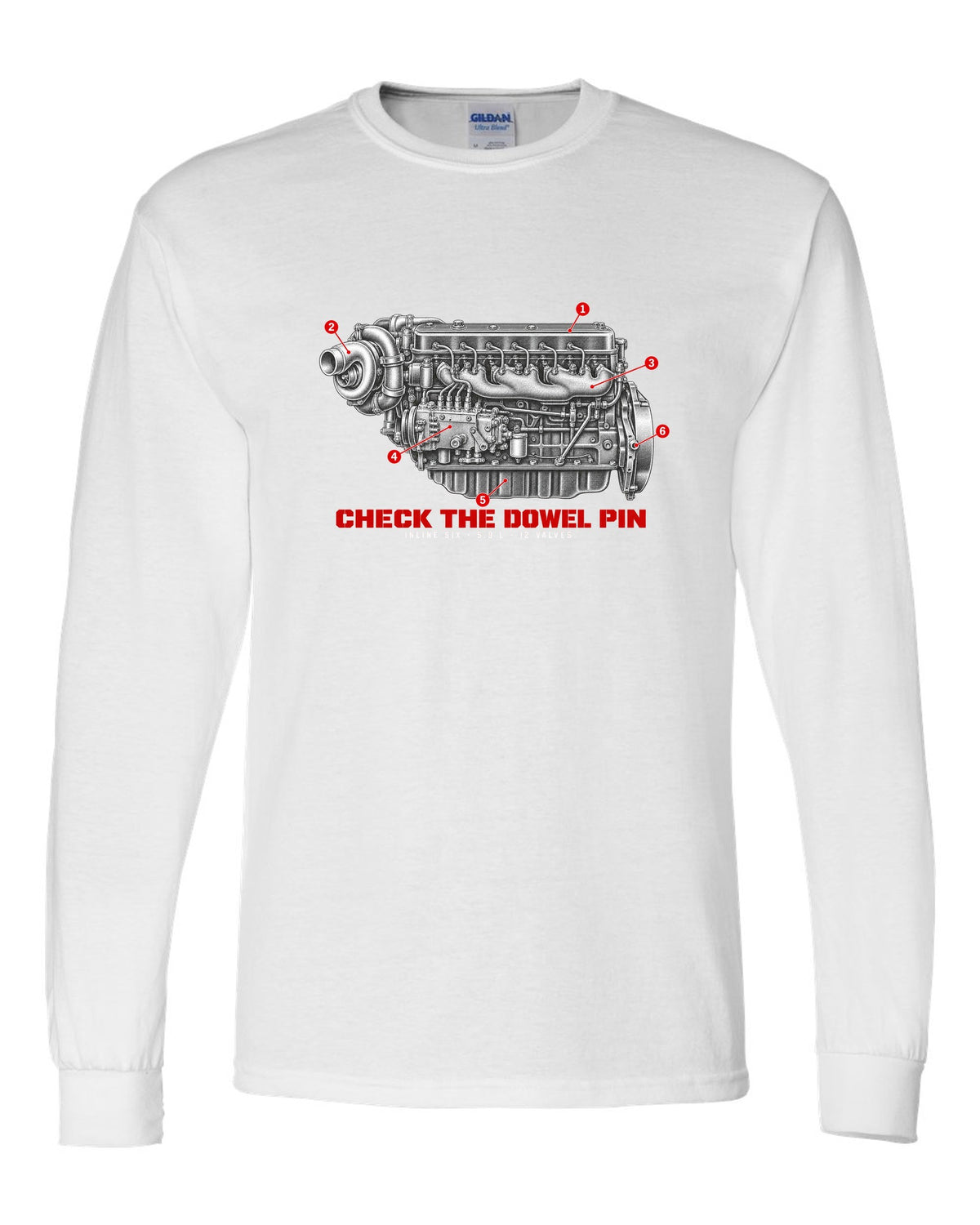 Engine hero print of a 1994-98 Ram 2500 5.9L 12-valve Cummins inline six white long sleeve front view with the design