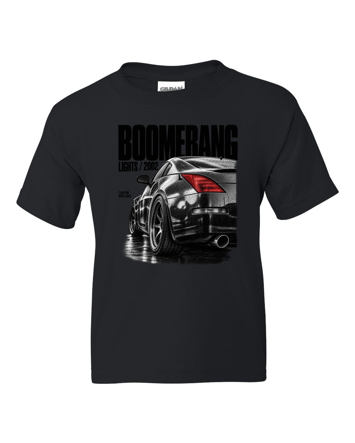 Macro print of Nissan 350Z Z33 boomerang taillights with 2,650 mm wheelbase text black kids tee front view with the design