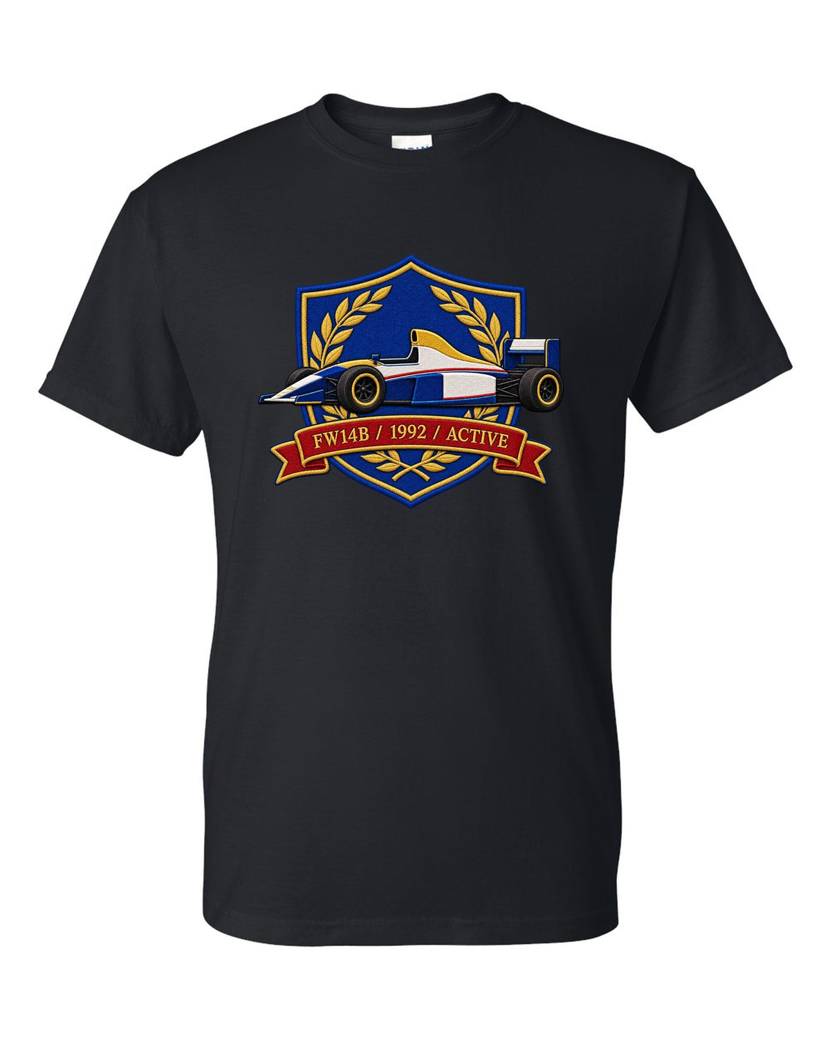 Varsity crest style Williams FW14B Formula 1 car with 1992 ACTIVE lettering black t-shirt front view with the design