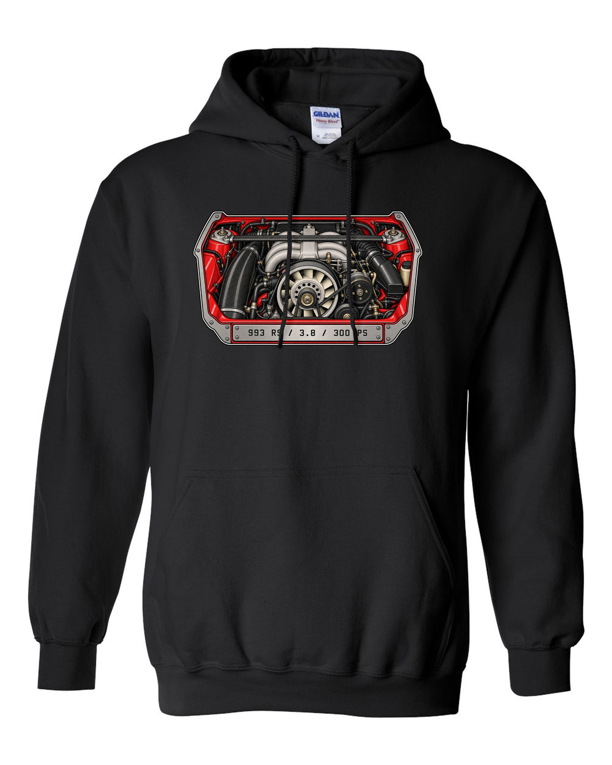 Porsche 901 topographic route map design with 1964 and 130 PS lettering black pull over hoodie front view with the design