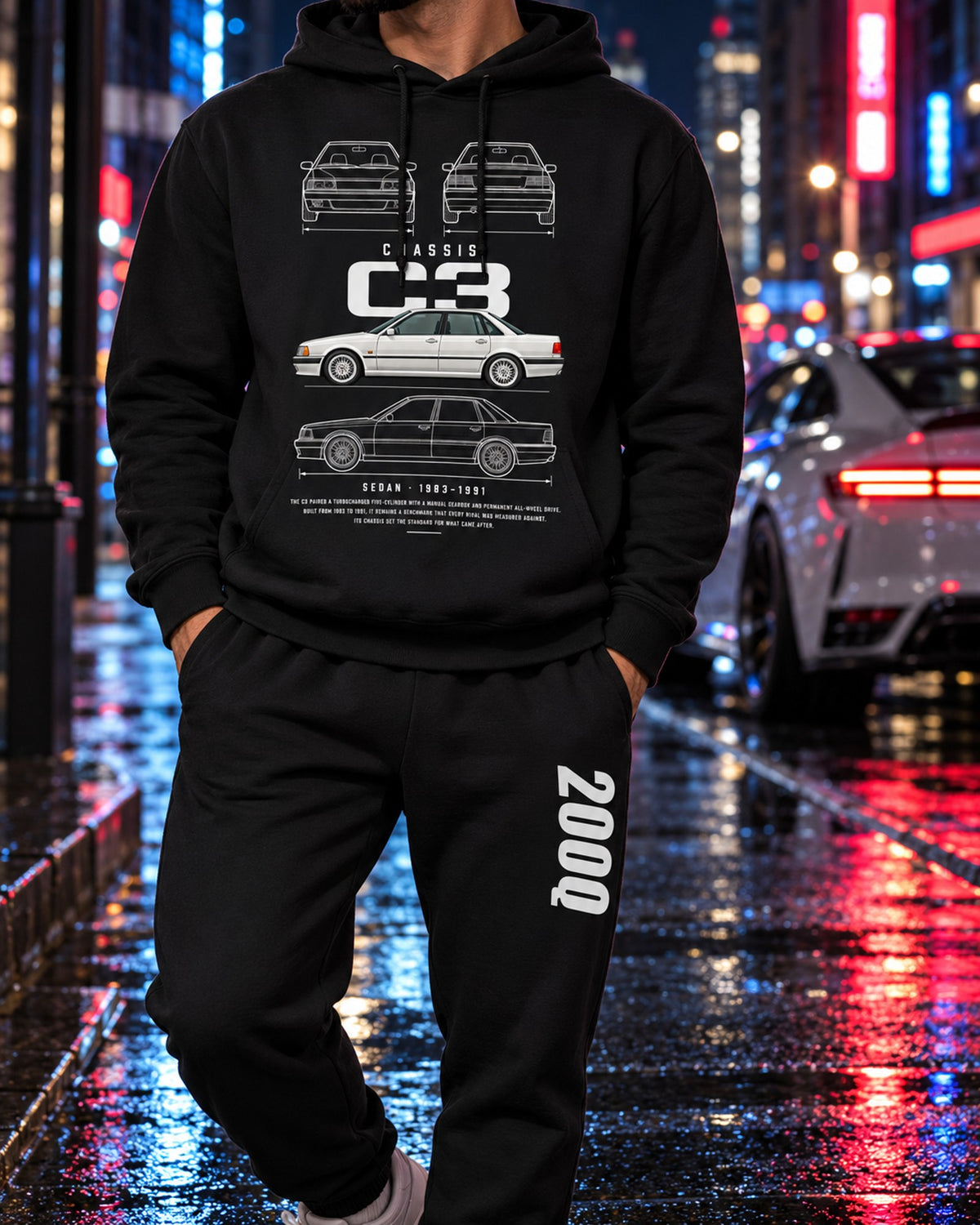 Audi 200Q Blueprint Hoodie + Jogger Set Black worn hero
