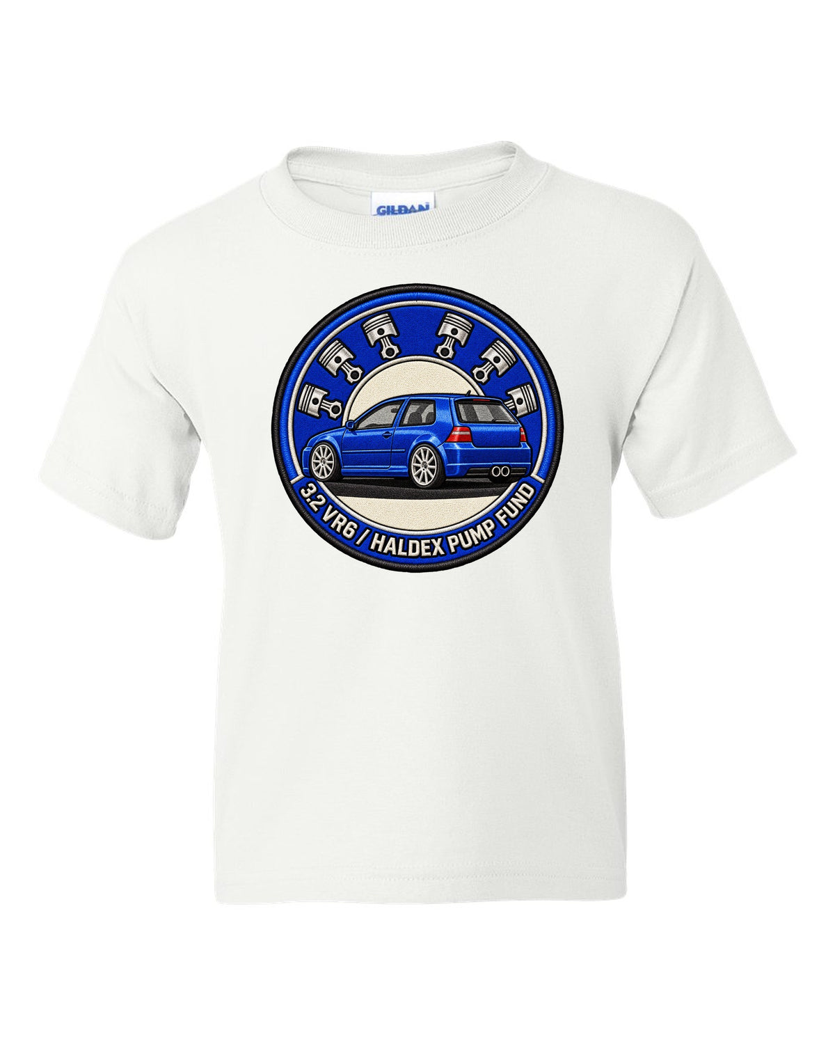 Varsity crest print for a VW Golf R32 Mk4 with 3.2 VR6 and Haldex pump fund lettering white kids tee front view with the design