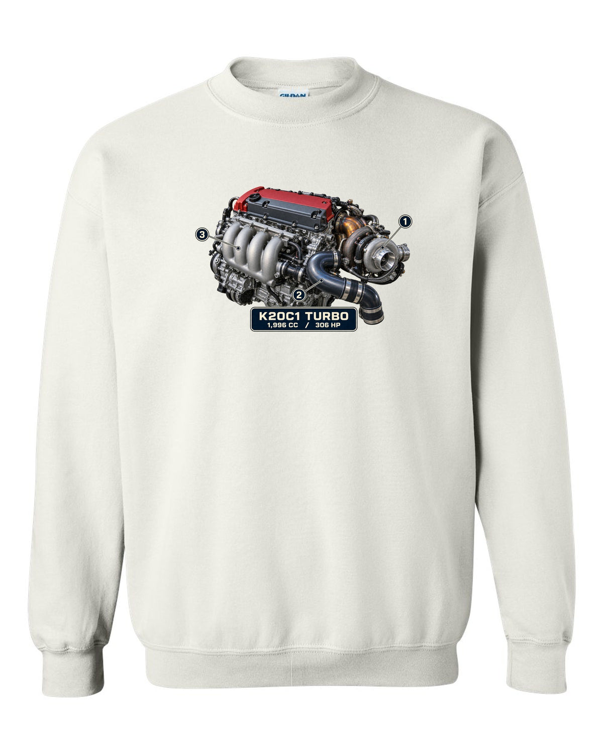 print engine illustration of the Honda Civic Type R FK8 K20C1 turbo engine white crewneck front view with the design