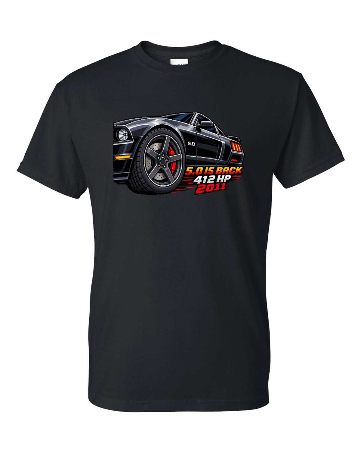 16-bit pixel art print of a Ford Mustang S197 GT wheel with 5.0 is back 412 HP text black t-shirt front view with the design
