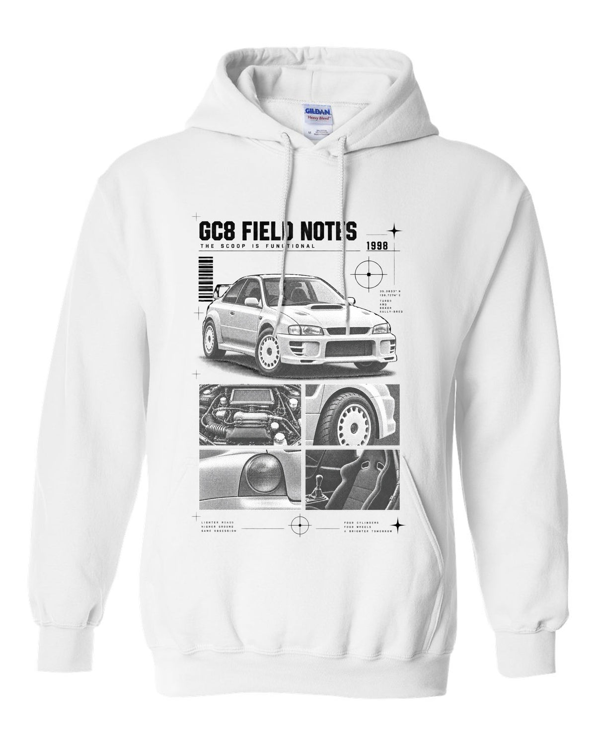 Subaru Impreza WRX GC8 coupe 1998 field notes dossier panels white pull over hoodie front view with the design