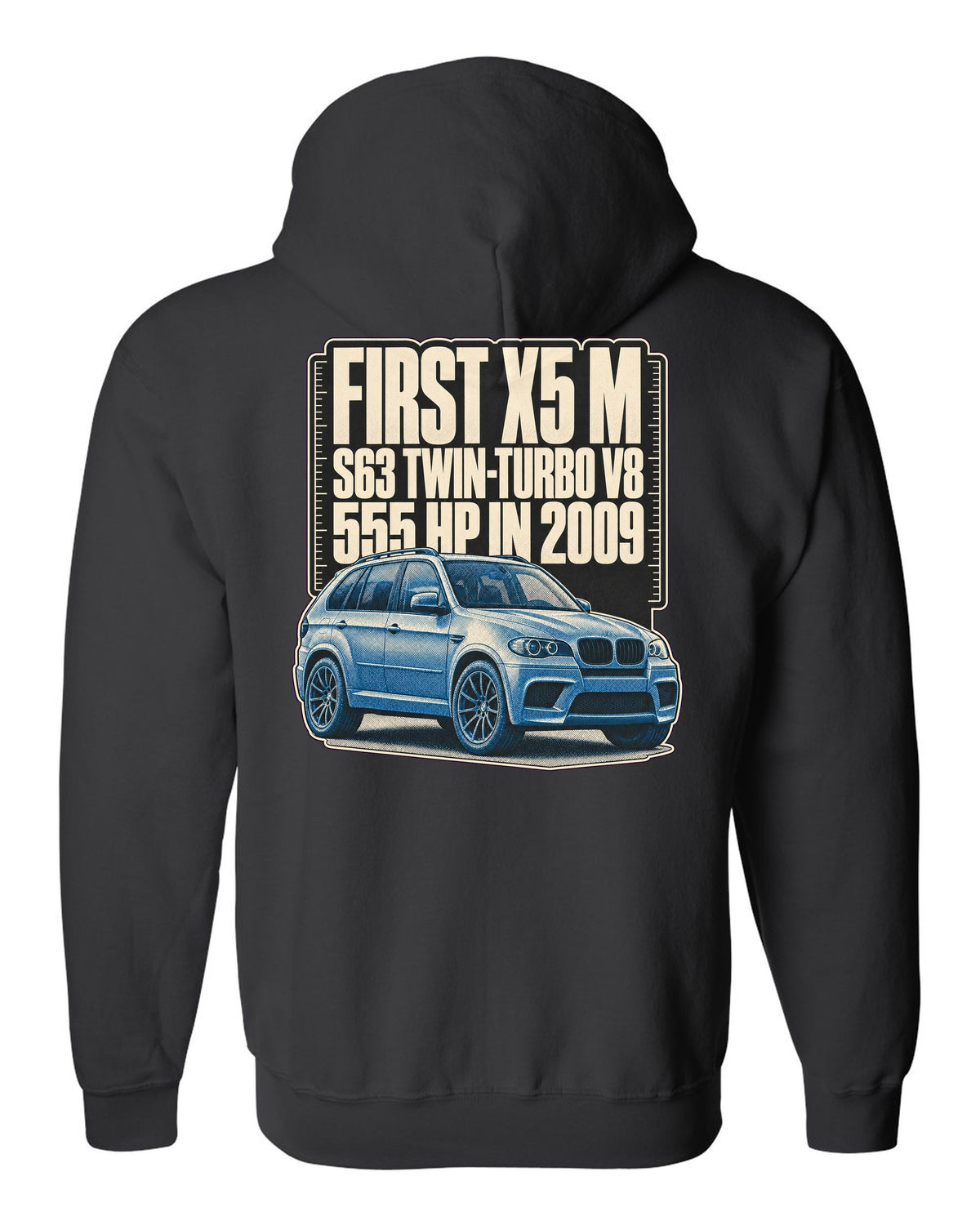 BMW X5 M E70 halftone print on a tee black zip hoodie back view with the design