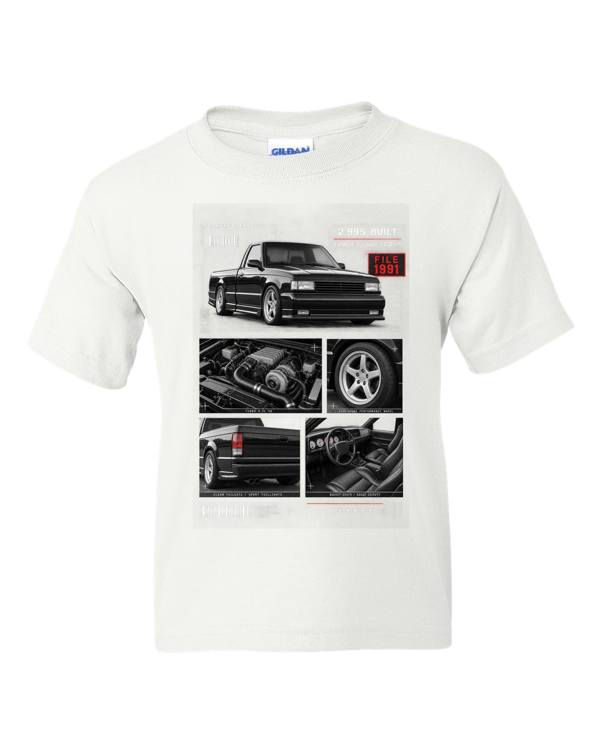 Dossier-style print of a 1991 GMC Syclone with detail panels white kids tee front view with the design