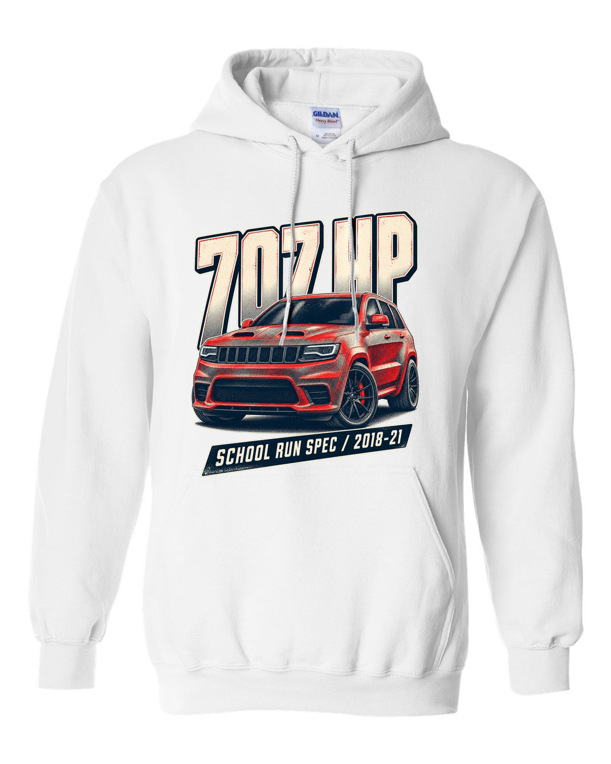 Halftone print of the Jeep Grand Cherokee Trackhawk WK2 with 707 HP lettering white pull over hoodie front view with the design