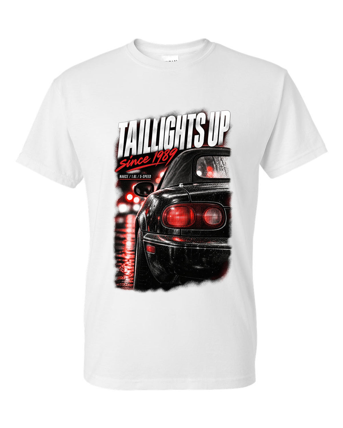 Taillight macro print for the Mazda MX-5 NA 1989-97 with NA6CE, 1.6L and 5-speed lettering white t-shirt front view with the design