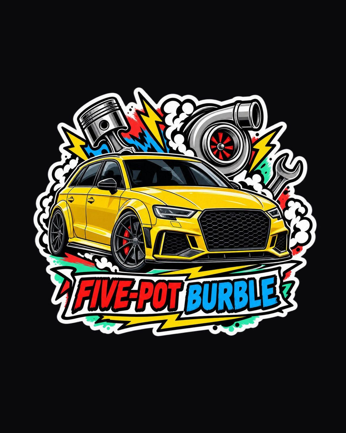 Audi RS3 8V Sticker Bomb Shirt, Five-Pot Burble Car Tee design only