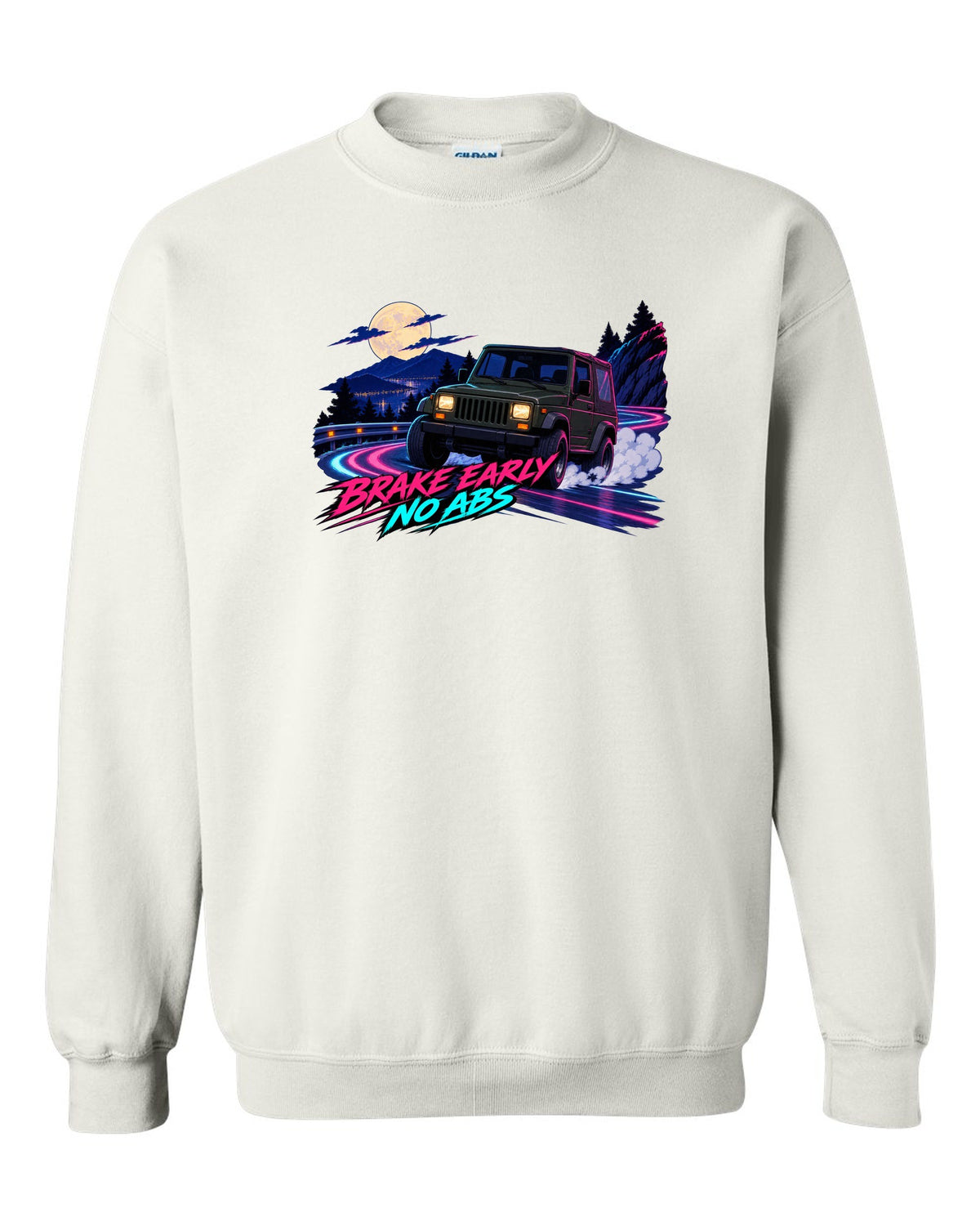 Cel-shaded anime night touge print of a Jeep Wrangler YJ with no ABS text white crewneck front view with the design