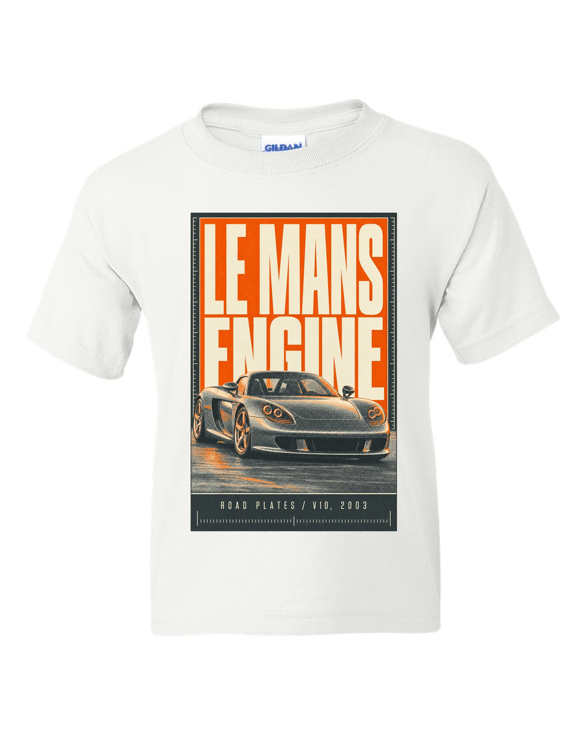 Porsche Carrera GT halftone statement print design white kids tee front view with the design