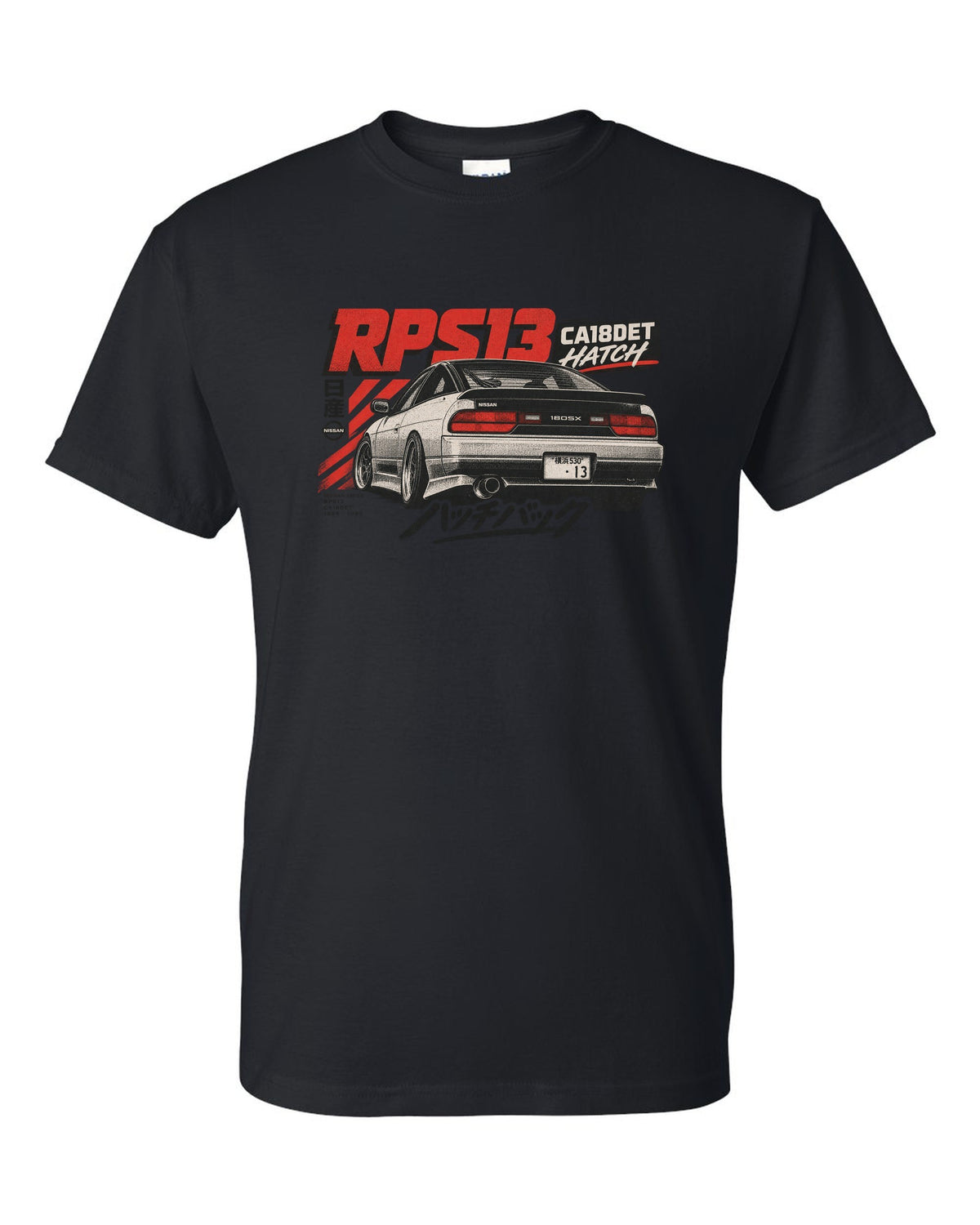 Risograph three-colour rear view print of a Nissan 180SX RPS13 ch with CA18DET text black t-shirt front view with the design
