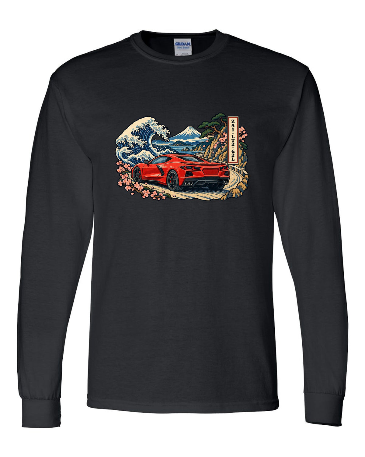 Ukiyo-e woodblock style print of a 2020 C8 Corvette Stingray on a mountain pass black long sleeve front view with the design