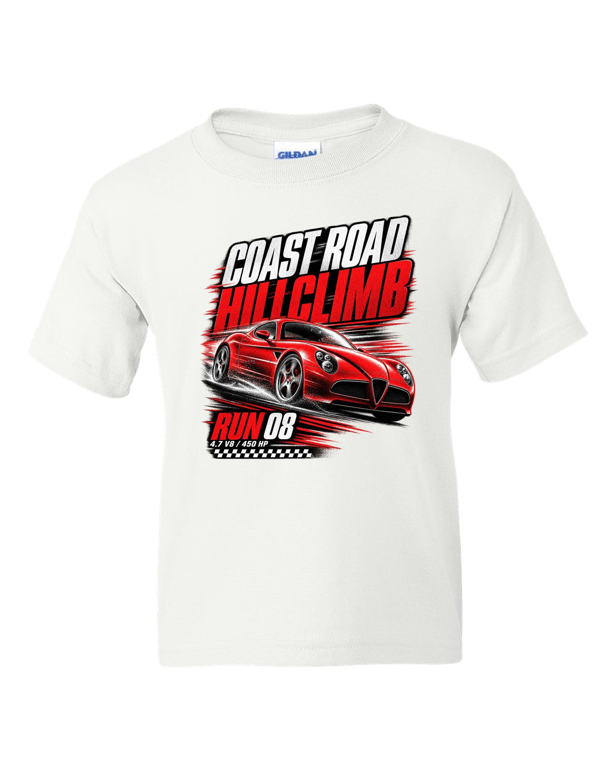 Hillclimb race poster print of an Alfa Romeo 8C Competizione with coast road and 4.7 V8 text white kids tee front view with the design