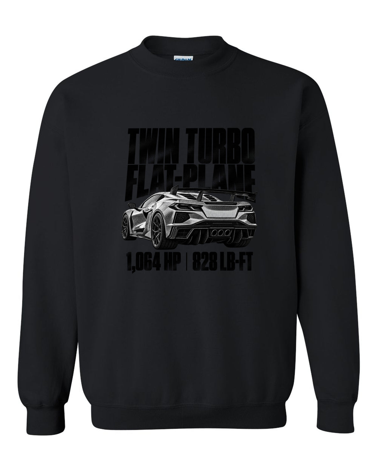 Corvette C8 ZR1 2025 hood vents and rear wing in halftone black crewneck front view with the design