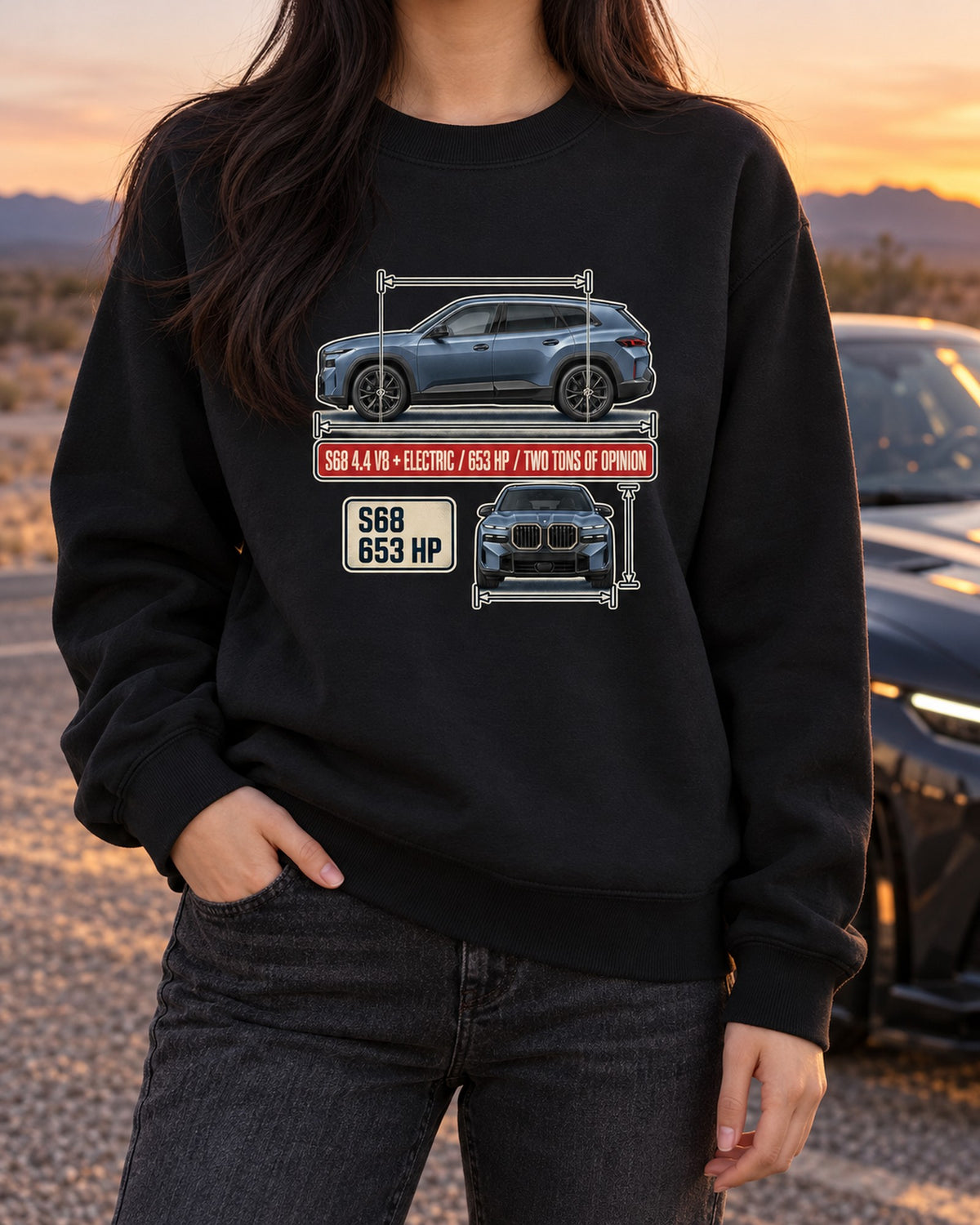 BMW XM G09 Dimension Blueprint Tee, S68 V8 Plug-In SUV Crewneck Black worn hero