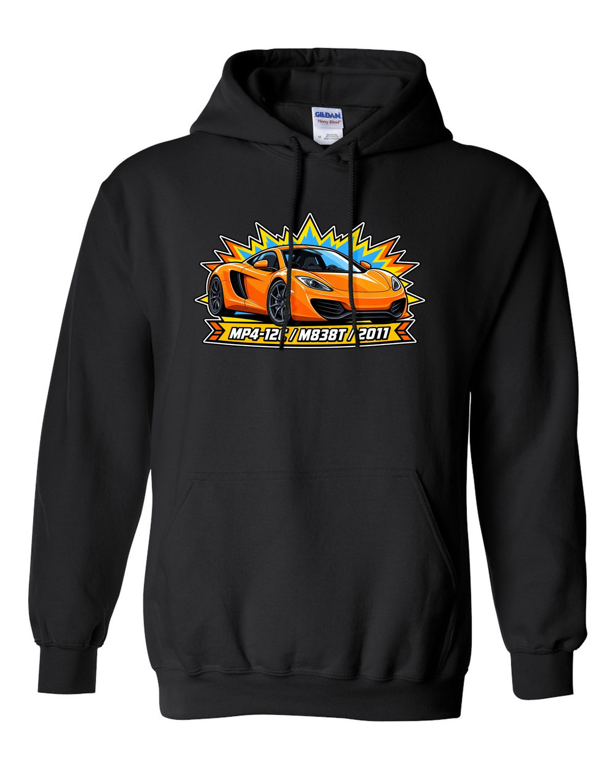 Toy blister card print of a McLaren 12C with MP4-12C, M838T and 2011 lettering black pull over hoodie front view with the design