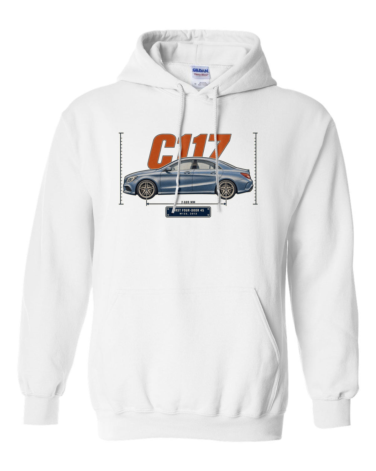 Mercedes-AMG CLA 45 C117 sedan halftone print white pull over hoodie front view with the design
