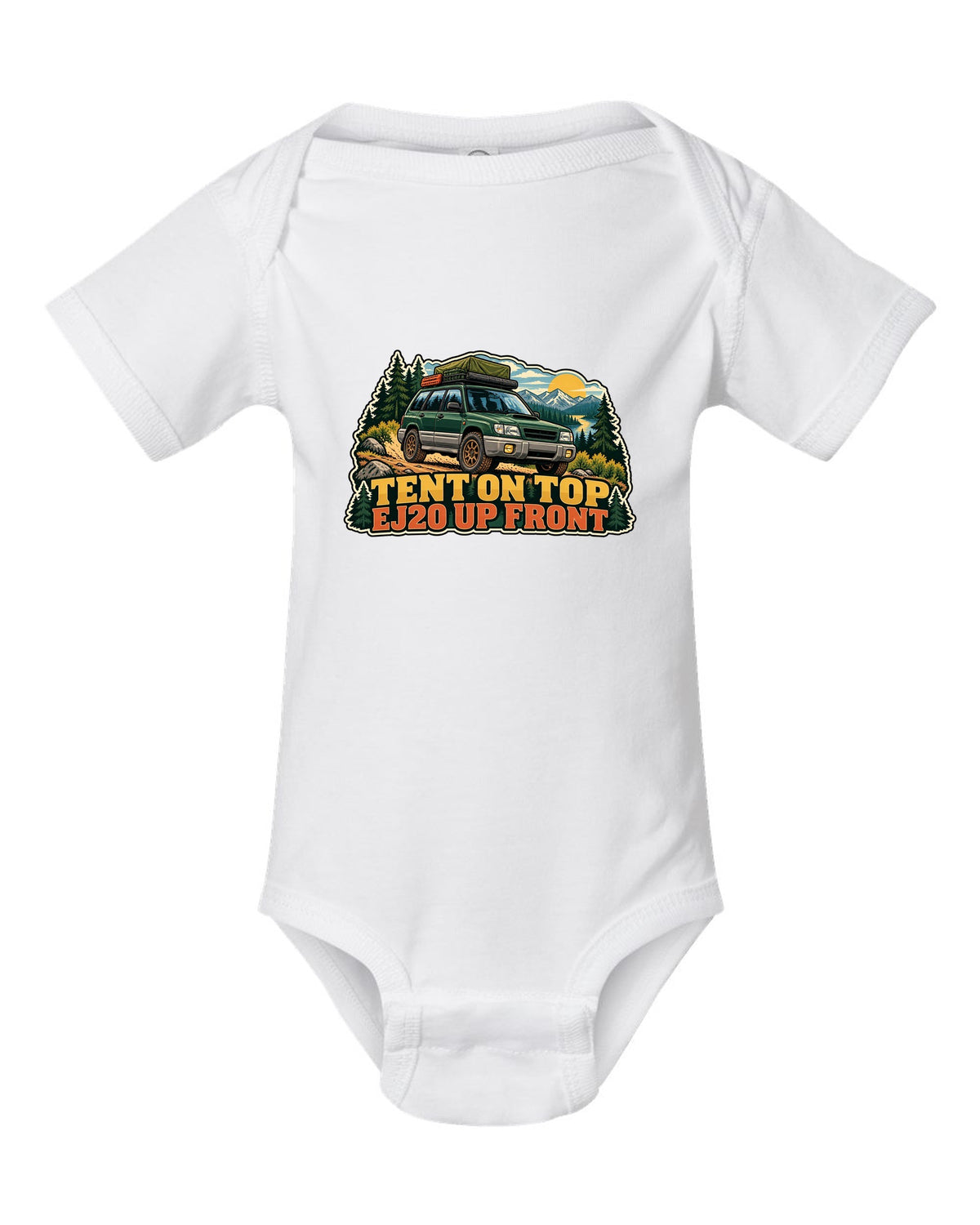 Vintage national park poster illustration of a Subaru Forester SF5 with a roof tent white baby onesie front view with the design