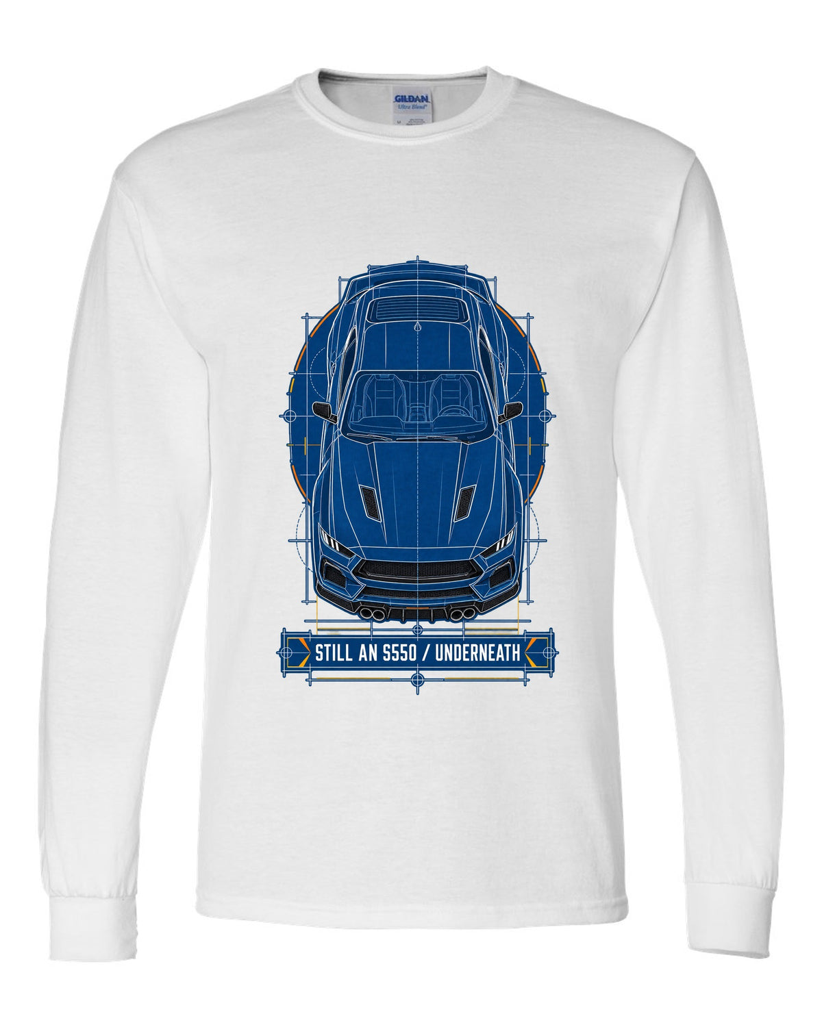 Cyanotype negative blueprint top view print of a 2024 S650 Mustang with Still An S550 Underneath white long sleeve front view with the design