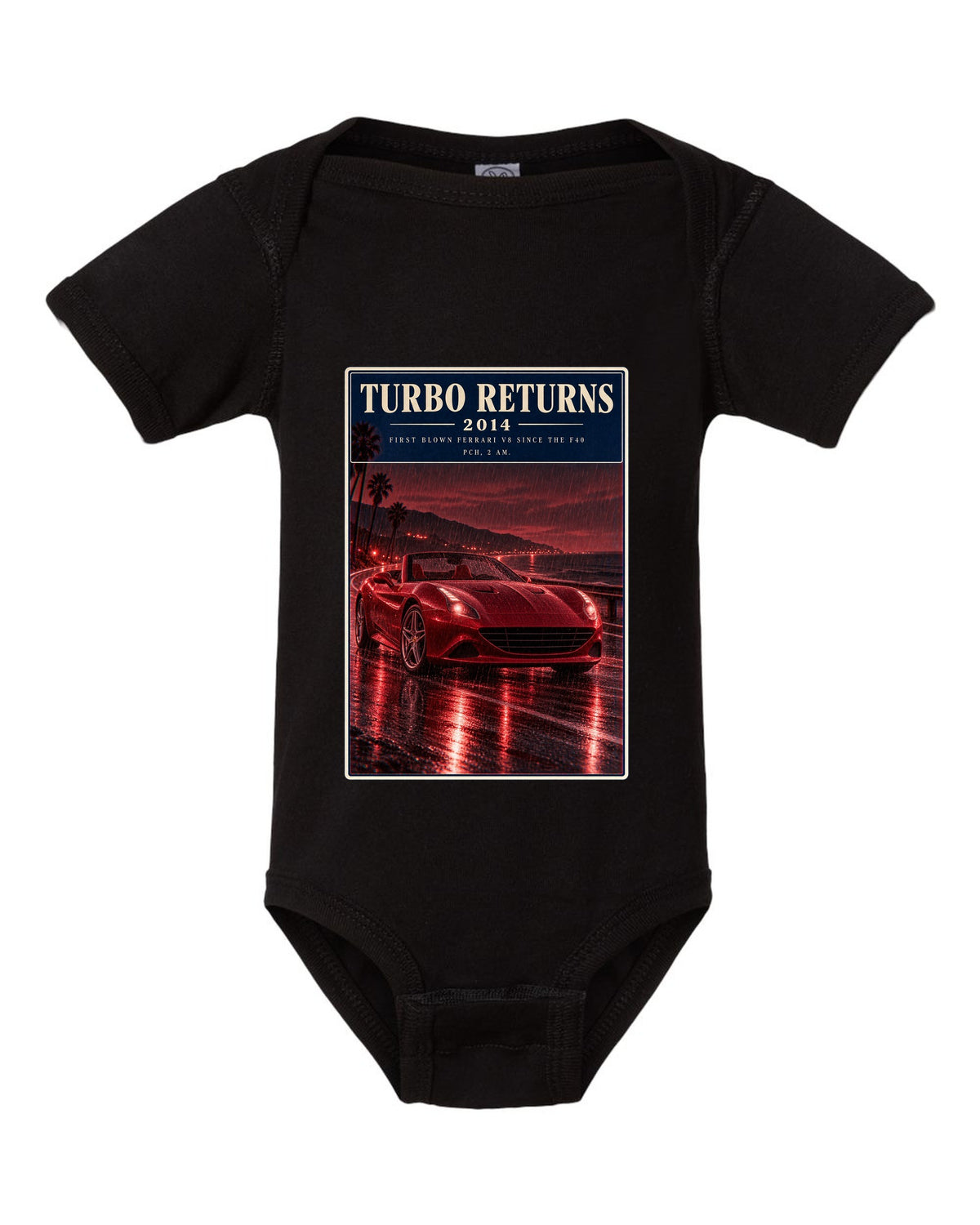 Red monochrome night street print of the Ferrari California T black baby onesie front view with the design