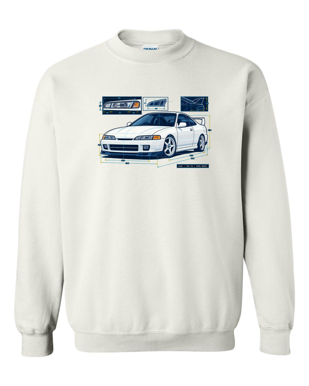 Blueprint line art of a 1995 Honda Integra DC2 headlight with B18C 195 PS Zero Boost lettering white crewneck front view with the design