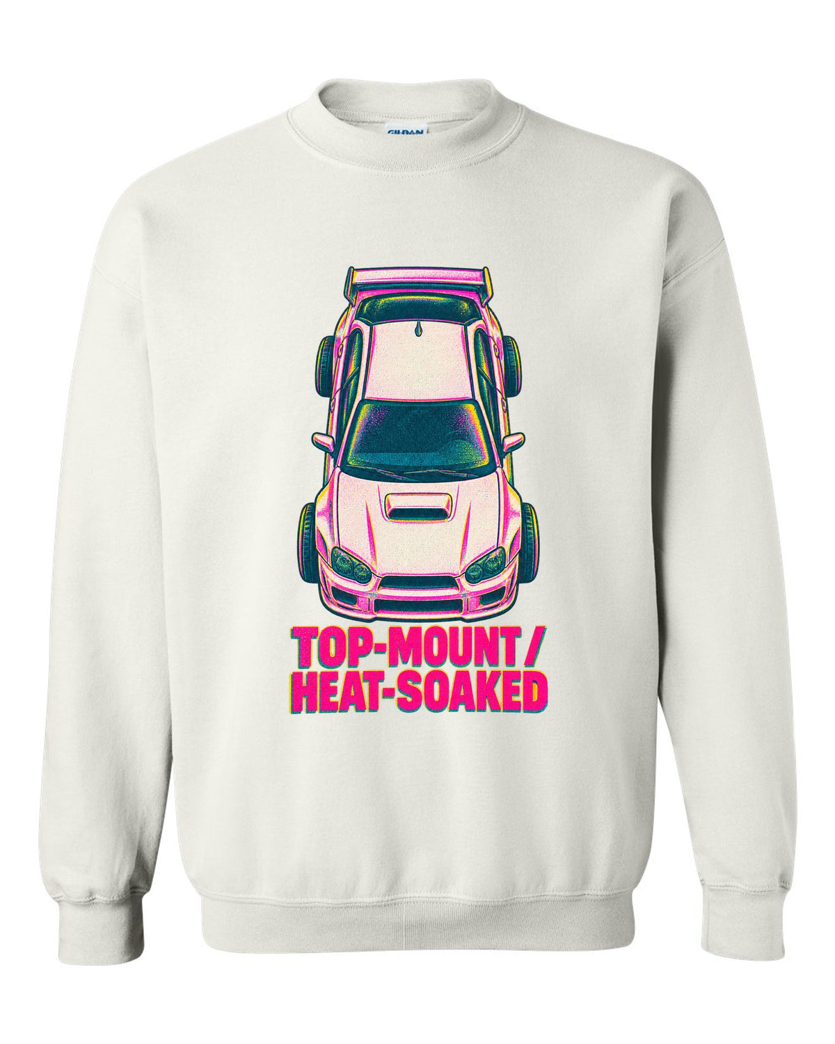 Risograph top view of a Subaru Impreza WRX GDB Blobeye with heat-soaked text white crewneck front view with the design