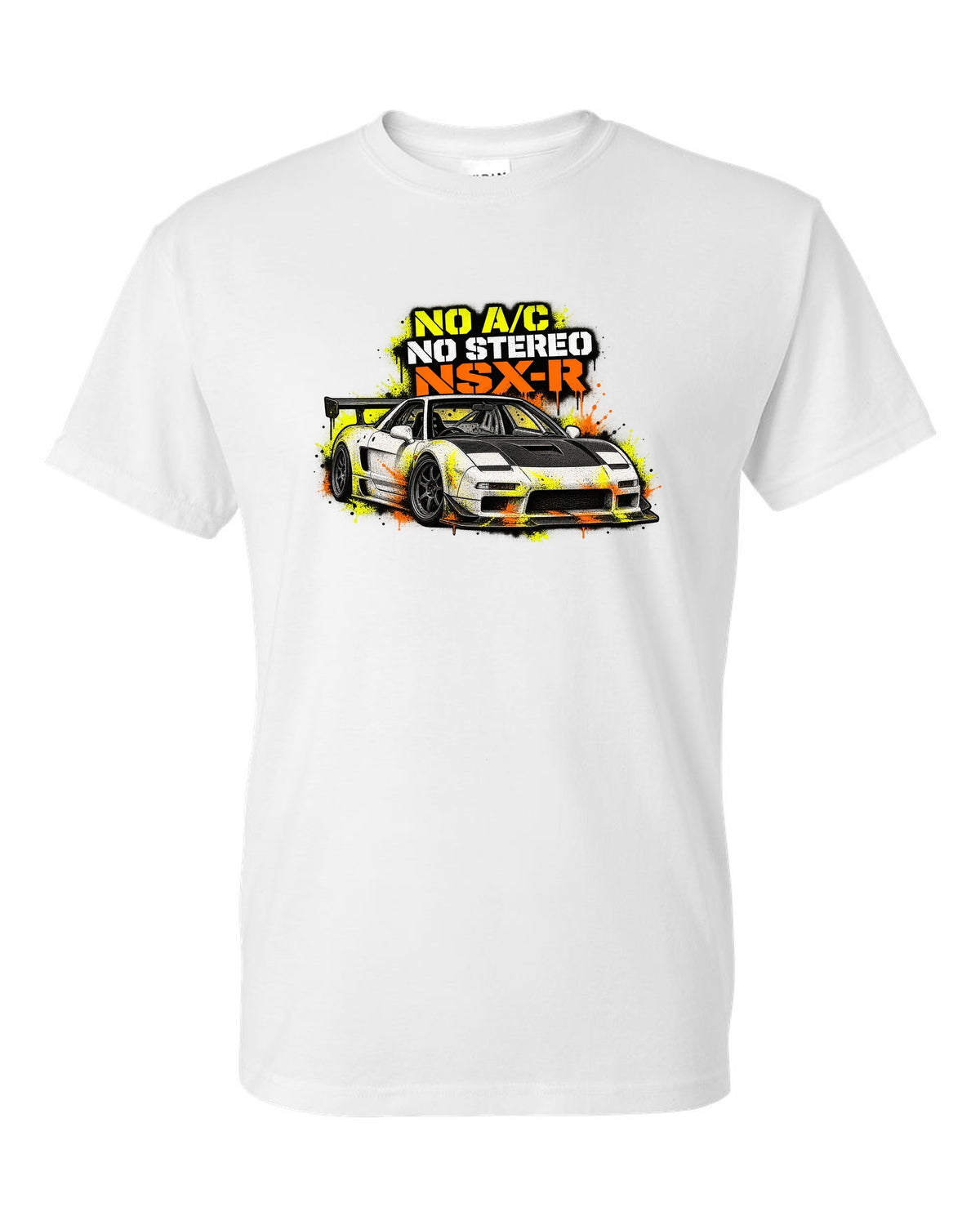 Risograph spot-colour print of a 1988 Honda CRX EF8 with B16A 950 KG Two Seats Only lettering white t-shirt front view with the design