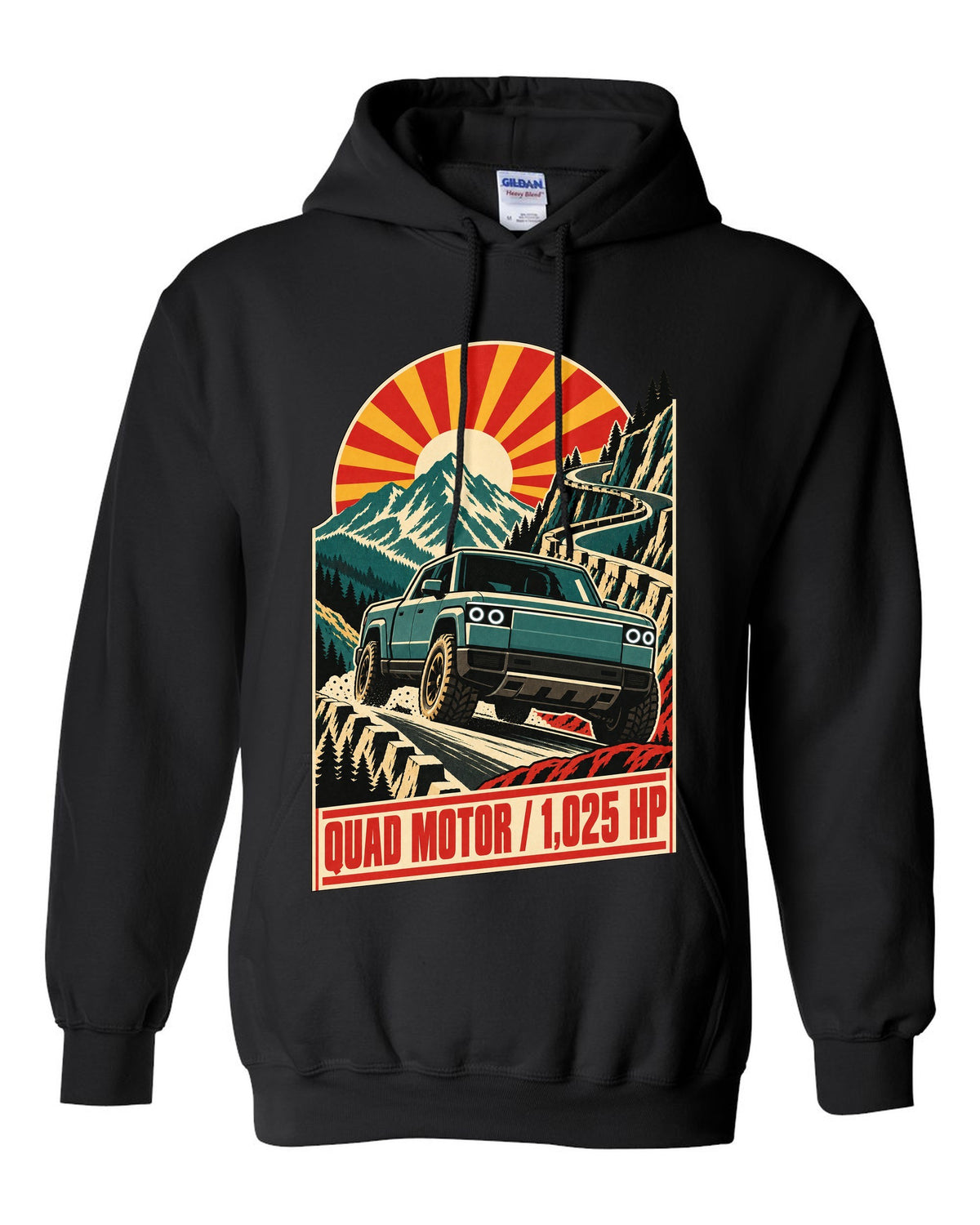 1960s lithographed vintage race poster print of a Rivian R1T reading Quad Motor 1,025 HP black pull over hoodie front view with the design