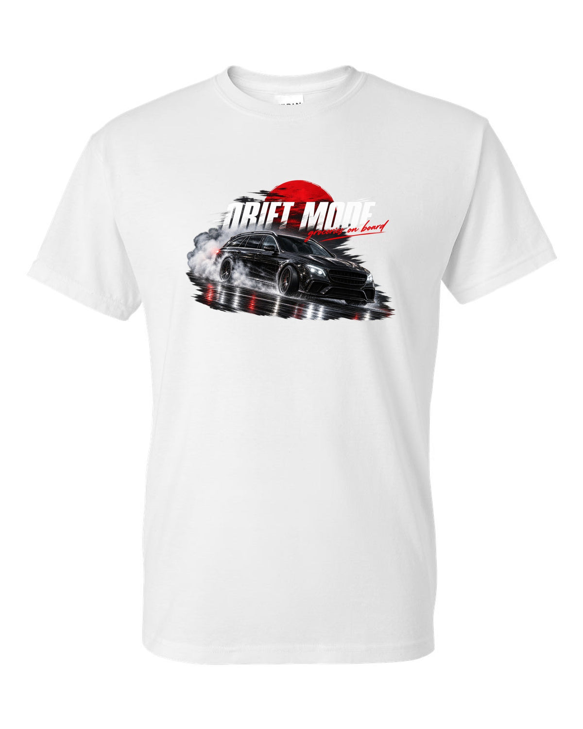 print night drift scene of a 2018 Mercedes E63 S AMG Estate S213 with text Drift Mode groceries on board white t-shirt front view with the design