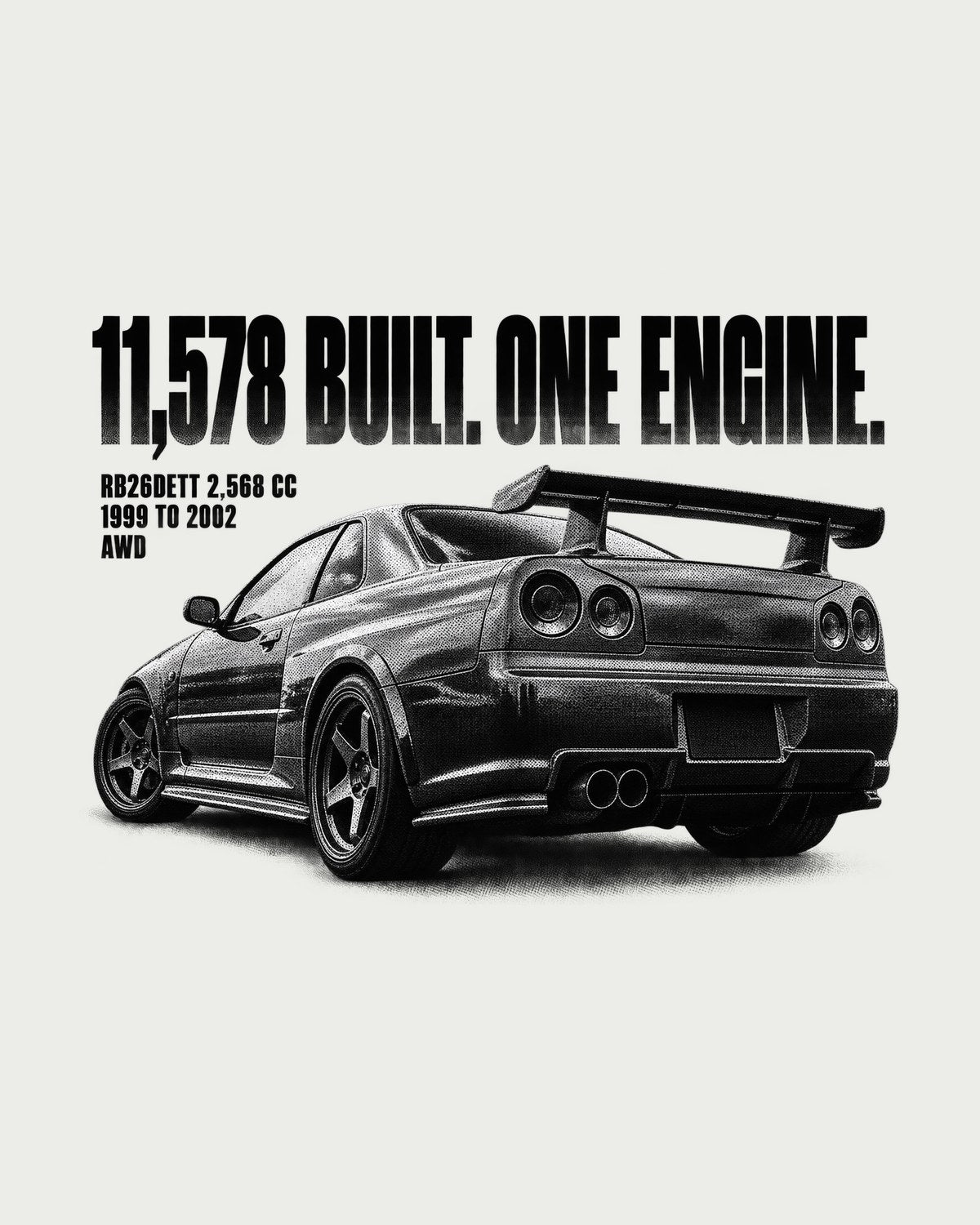 Nissan Skyline GT-R R34 11,578 Built Halftone Rear Shirt design only