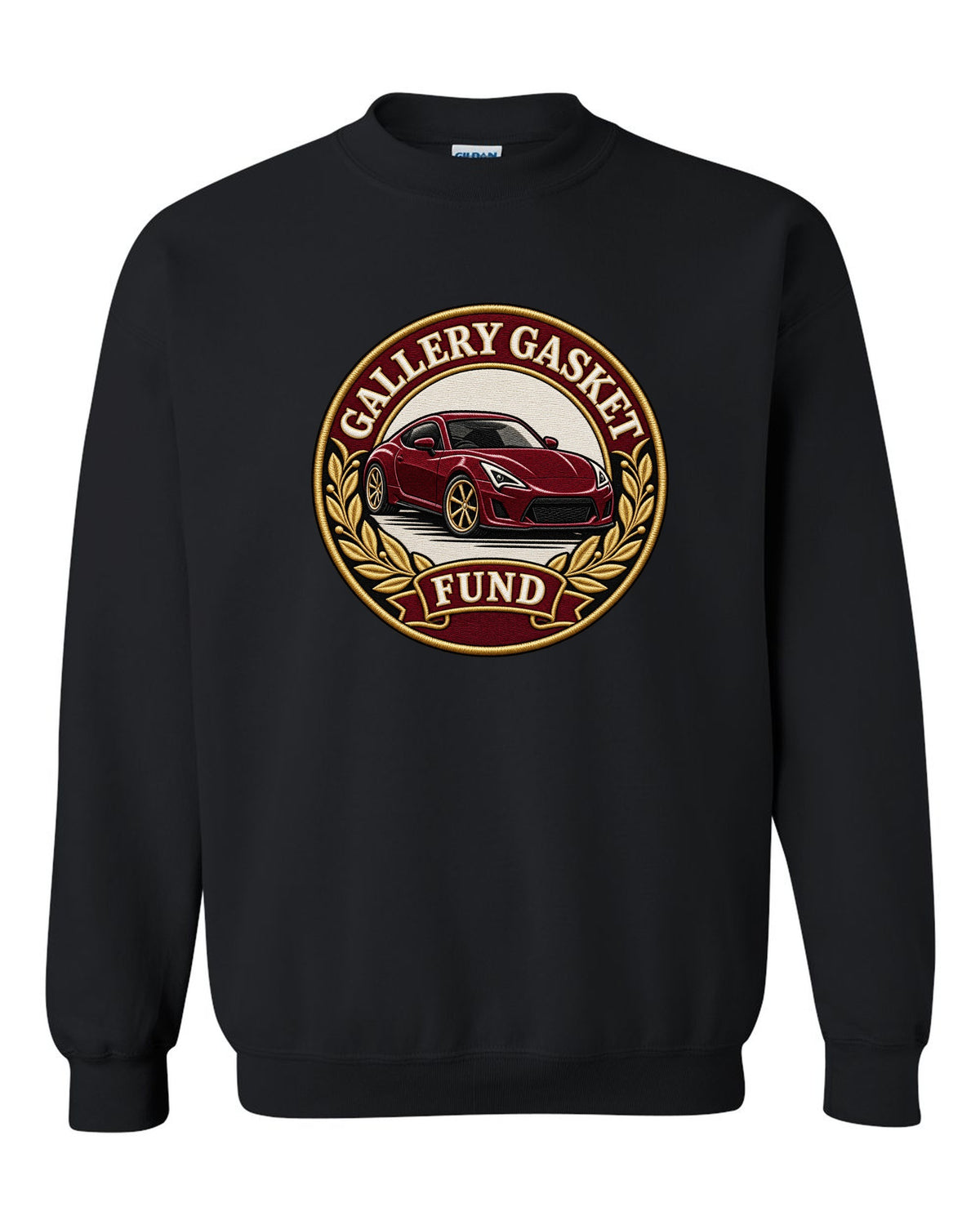 Round crest print for a Nissan 350Z Z33 with gallery gasket fund text black crewneck front view with the design