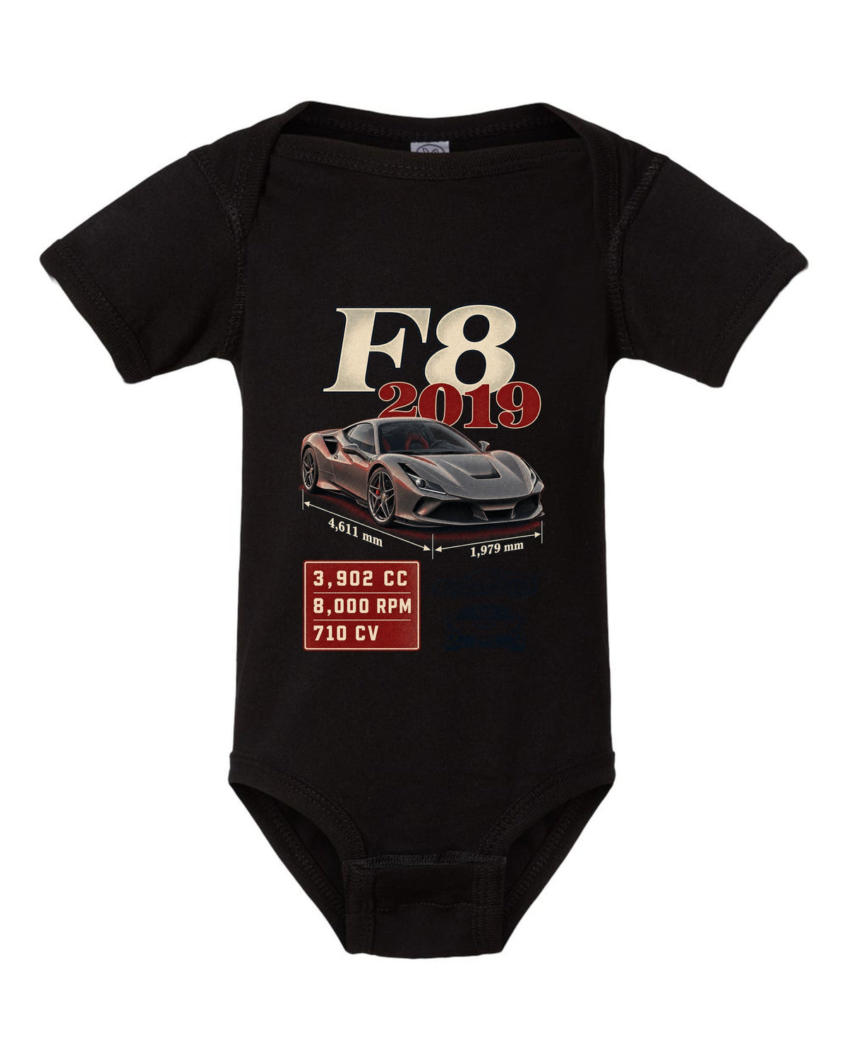 Ferrari F8 Tributo archive panel print listing 3,902 cc, 8,000 rpm, 710 CV black baby onesie front view with the design