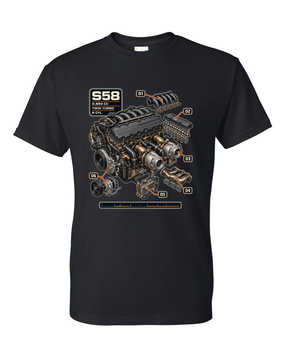 BMW S58 twin-turbo inline-six engine print with 2,993 cc text black t-shirt front view with the design