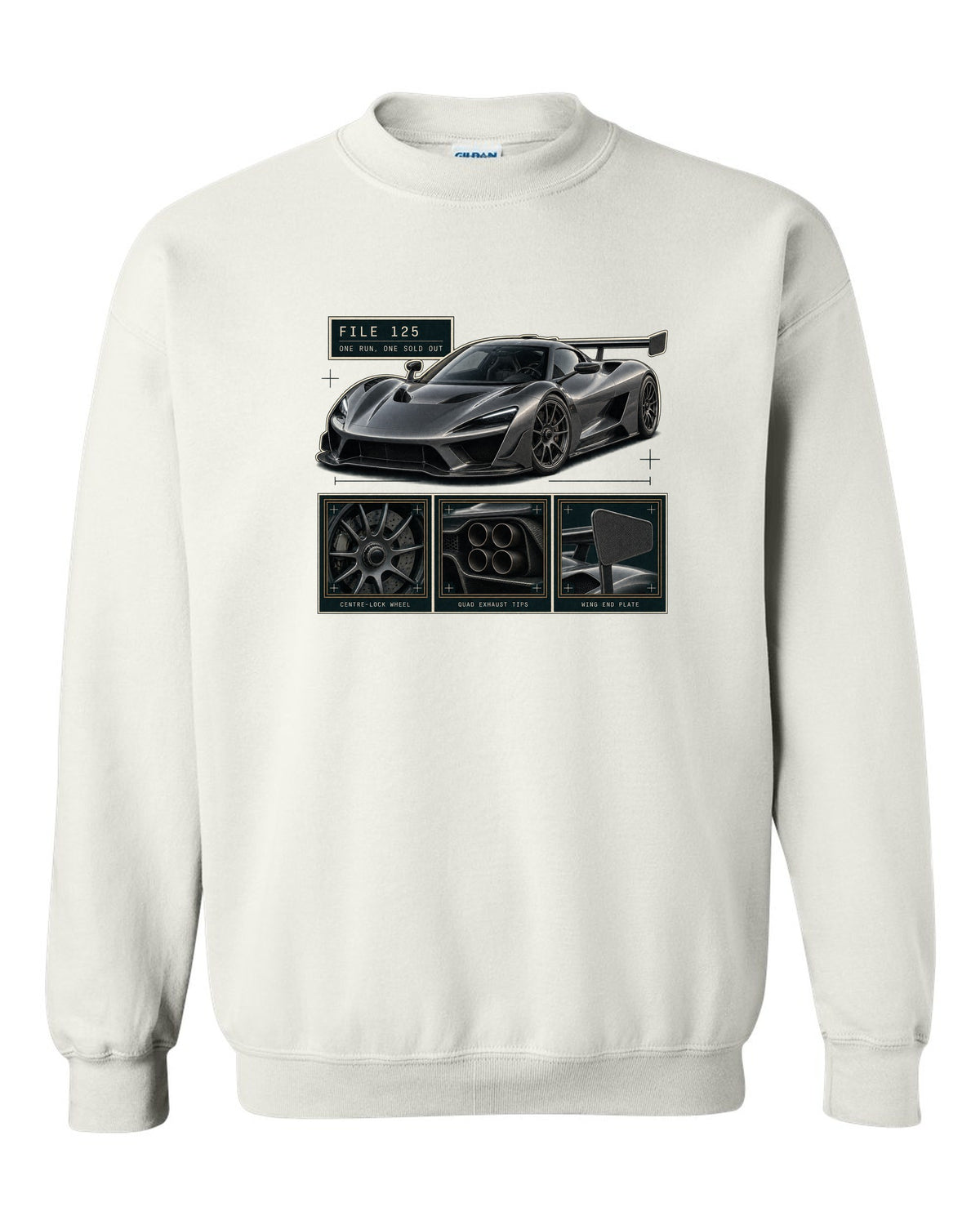 Dossier panel layout of the Koenigsegg Jesko Attack with detail panels, print white crewneck front view with the design