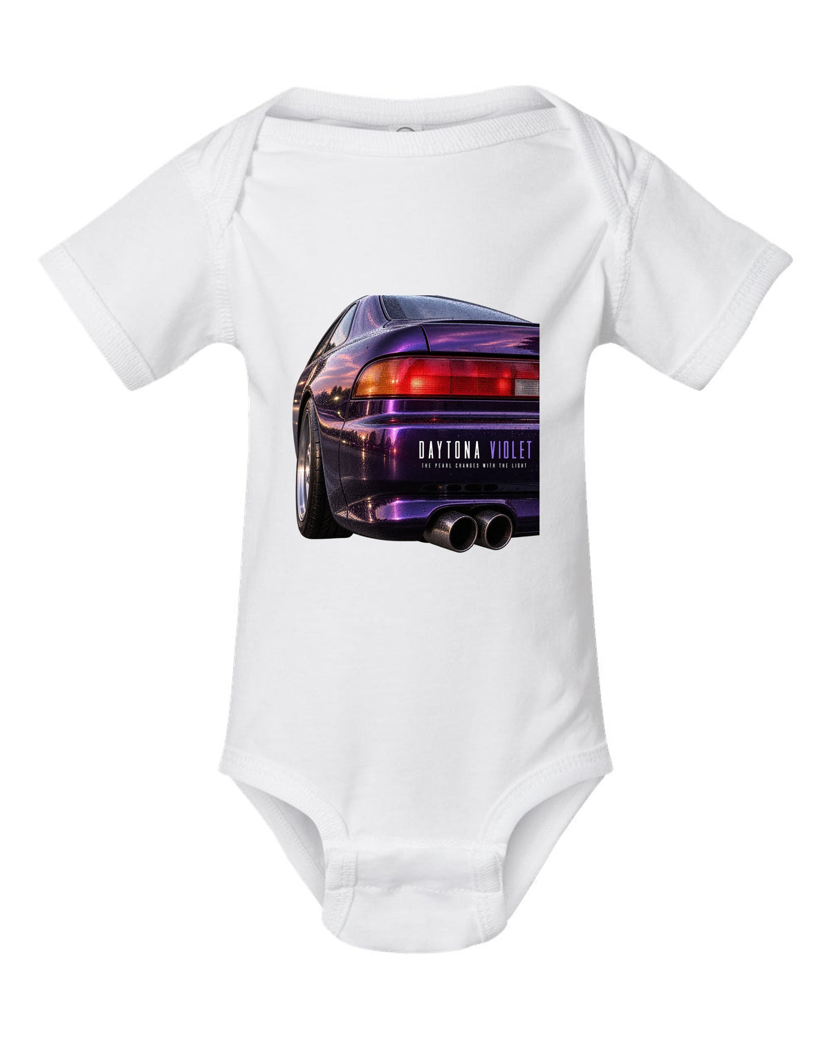 BMW E36 M3 coupe taillight macro print with Daytona Violet pearl paint text white baby onesie front view with the design