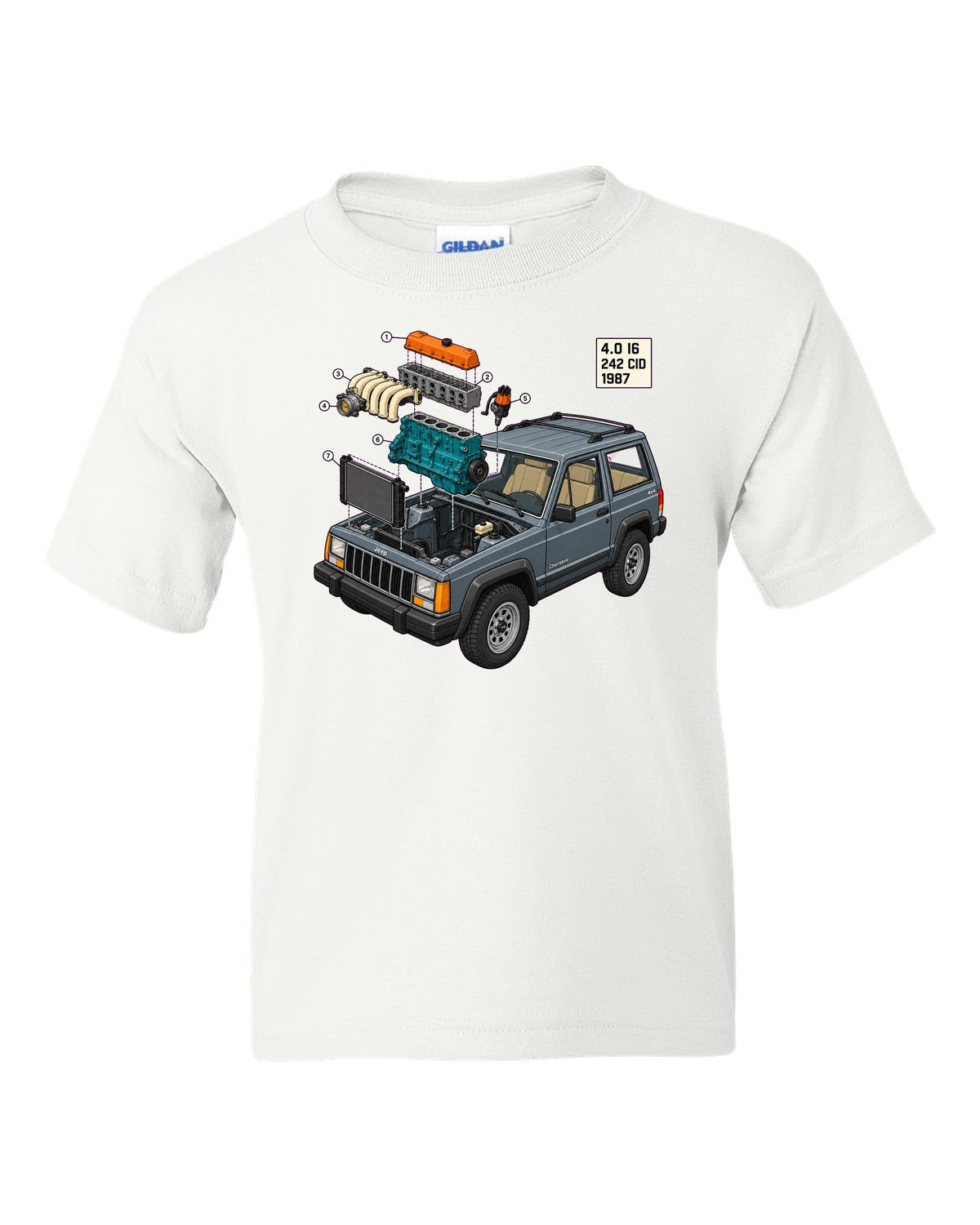 Isometric exploded diagram of a Jeep Cherokee XJ 4.0 inline six engine bay white kids tee front view with the design
