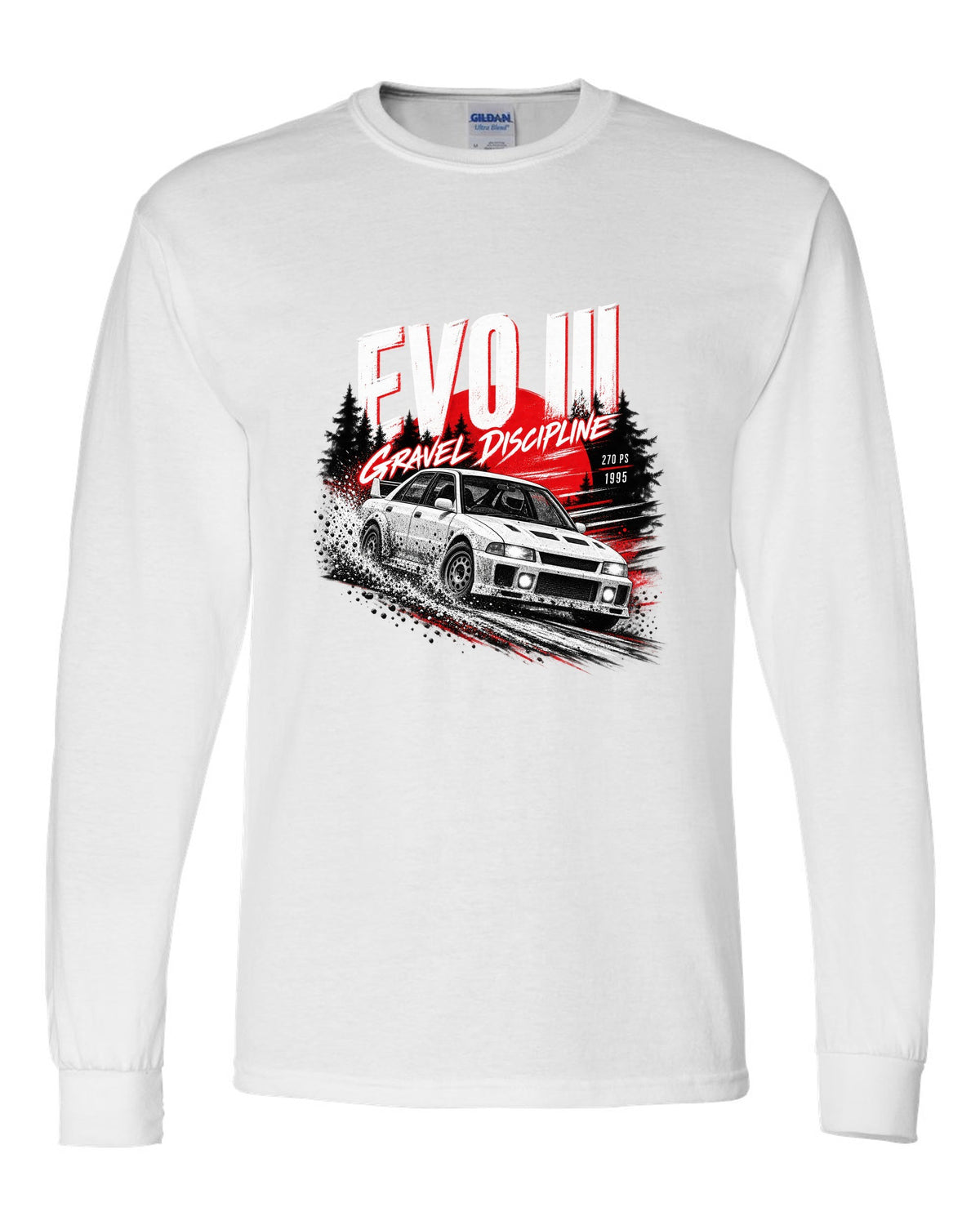 Night gravel road print for the Mitsubishi Lancer Evolution III CE9A reading Gravel Discipline, 270 PS, 1995 white long sleeve front view with the design