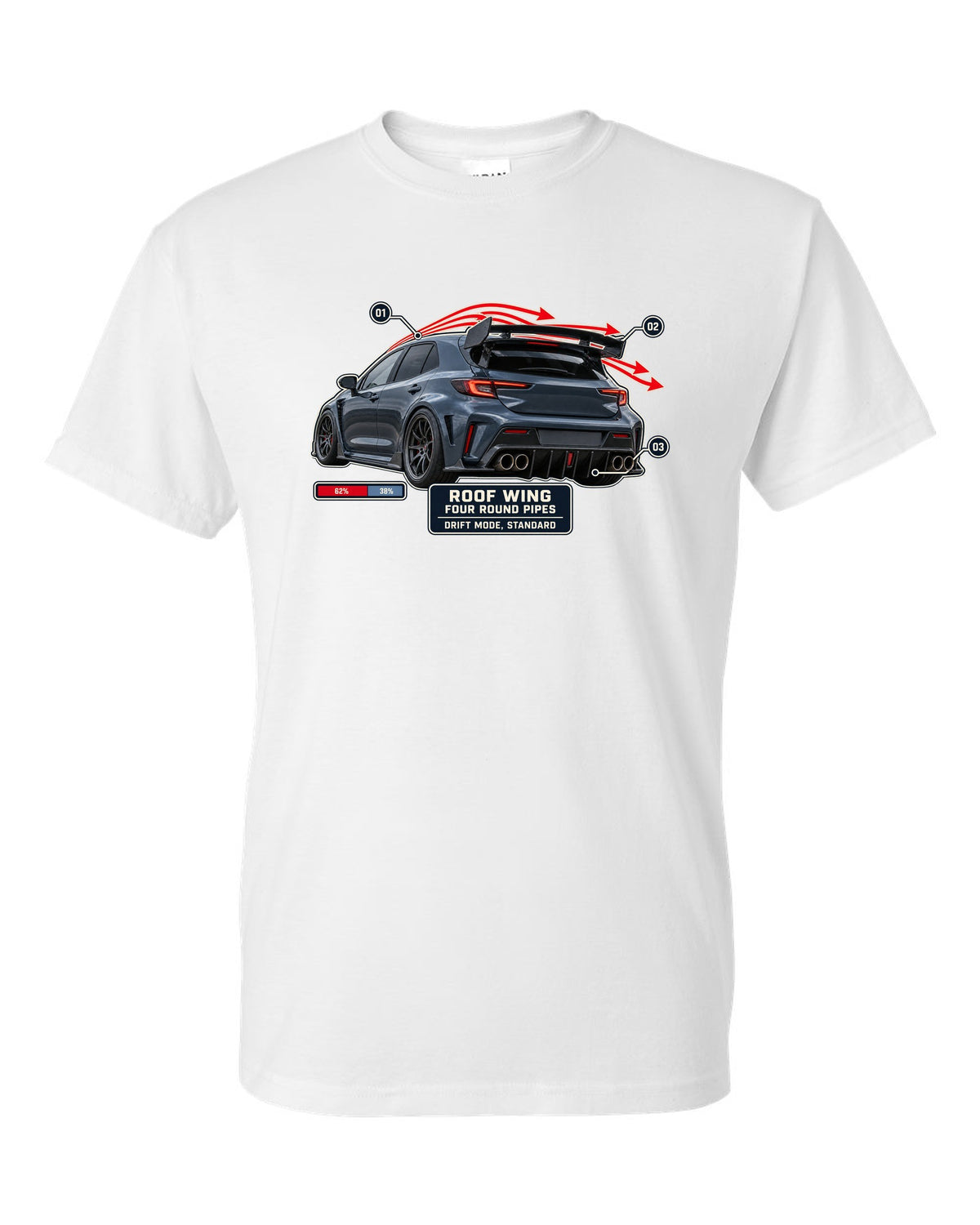 Mercedes-AMG A45 S W177 rear three-quarter with aero callout labels print white t-shirt front view with the design