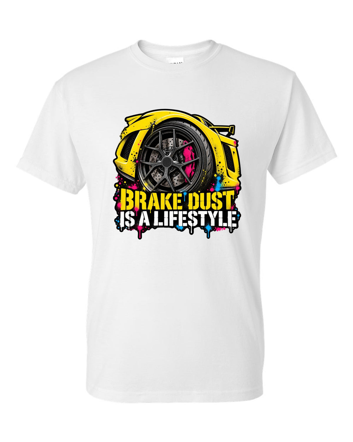 Lotus Exige stencil spray street art with BRAKE DUST IS A LIFESTYLE lettering white t-shirt front view with the design