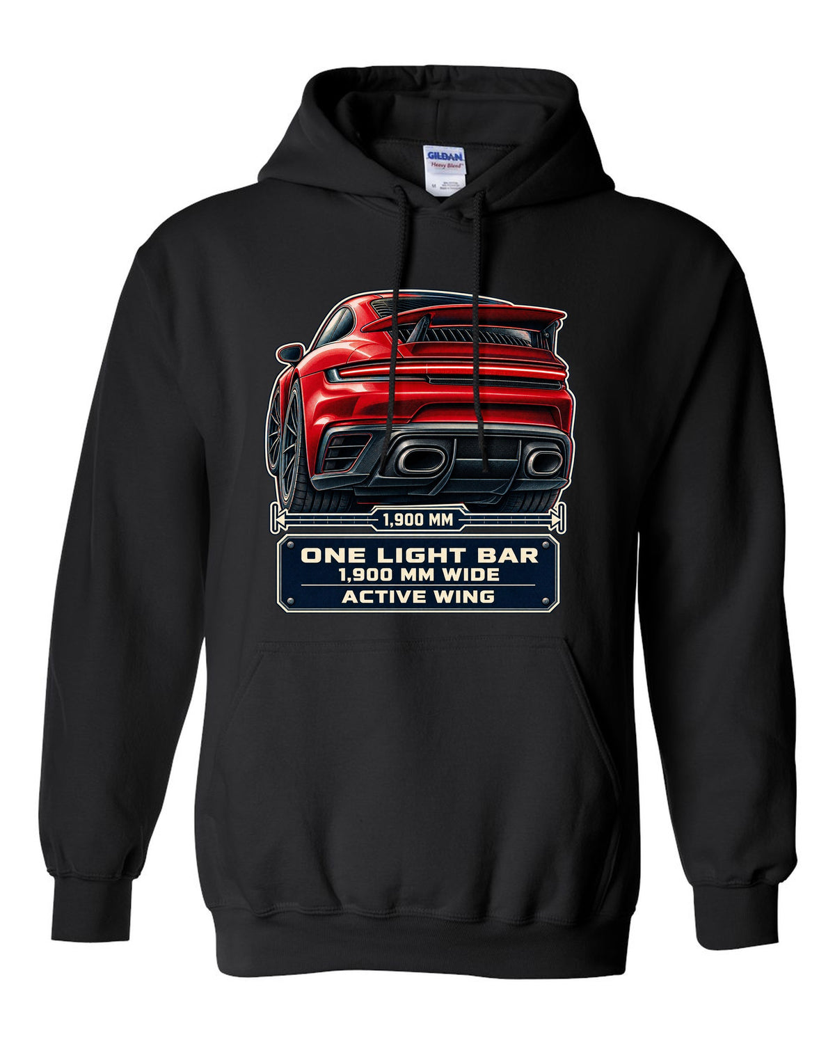 Taillight macro print of a Porsche 992 Turbo S with light bar and wing black pull over hoodie front view with the design