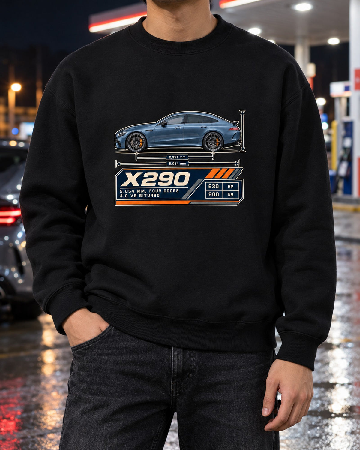 AMG GT 63 S 4-Door X290 Dimension Blueprint Tee, Steel Blue Crewneck Black worn hero