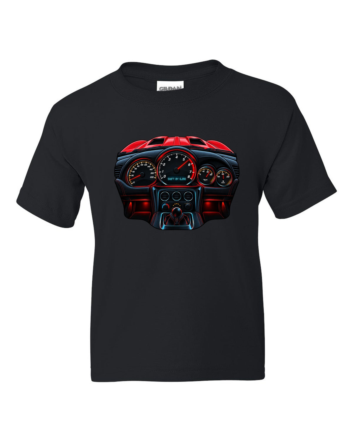 Gauge-cluster HUD design for a 2015 Dodge Viper VX I reading shift by 6,200 black kids tee front view with the design