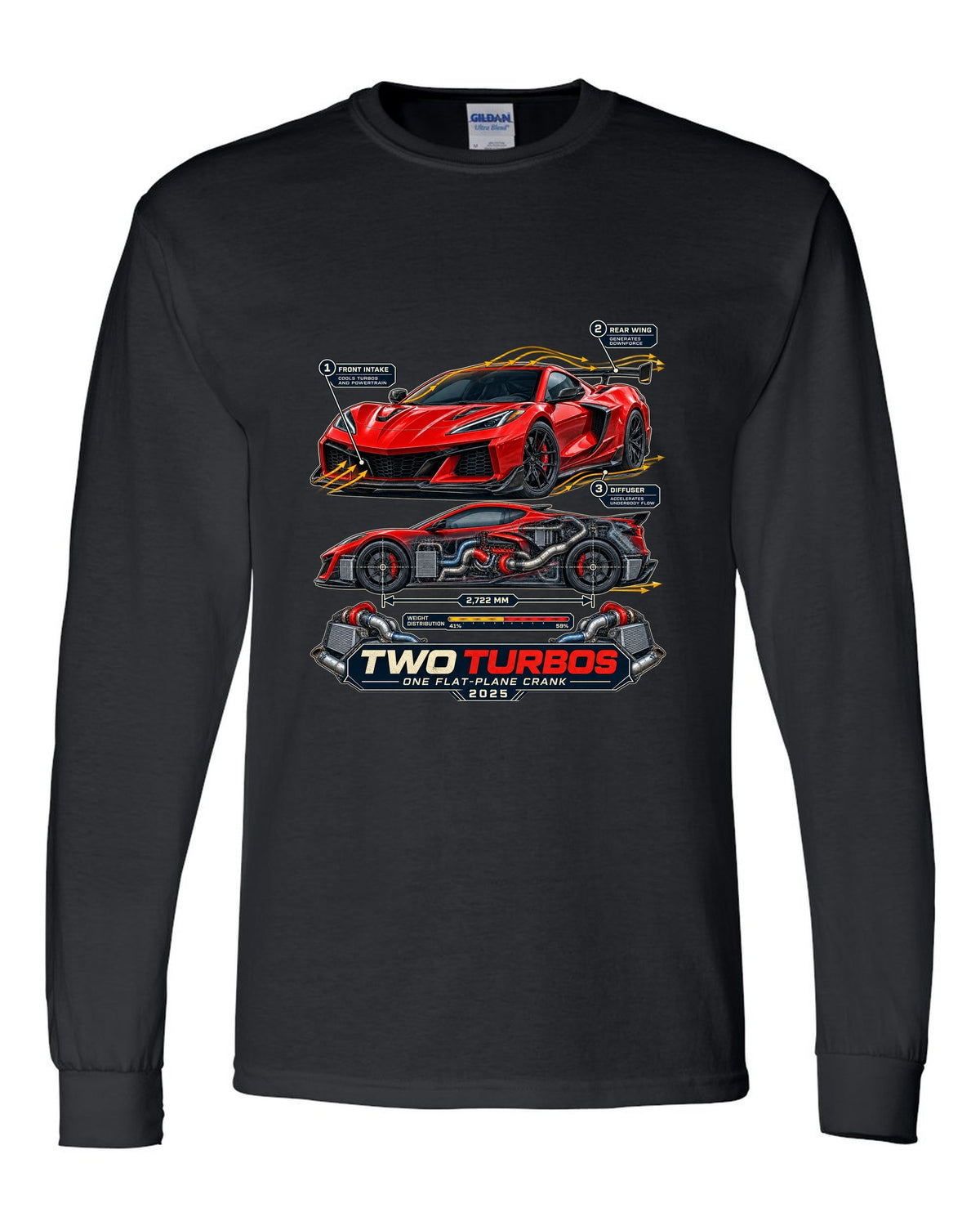 print of a Chevrolet Corvette C8 ZR1 cutaway with callouts for twin turbos and flat-plane crank black long sleeve front view with the design