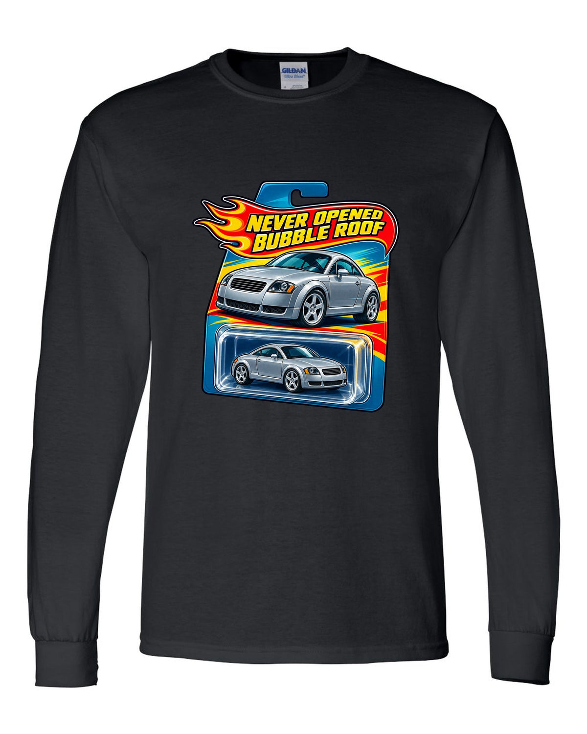 Toy blister card style print of an Audi TT 8N with Never Opened text black long sleeve front view with the design
