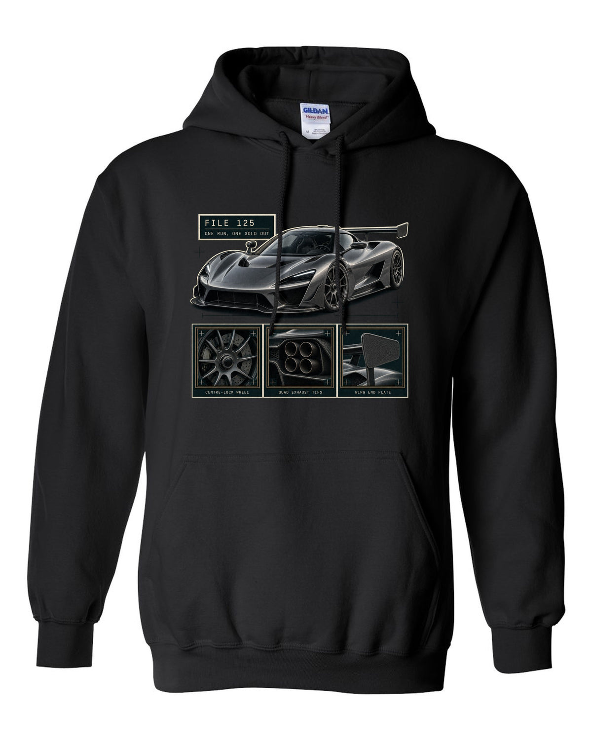 Dossier panel layout of the Koenigsegg Jesko Attack with detail panels, print black pull over hoodie front view with the design