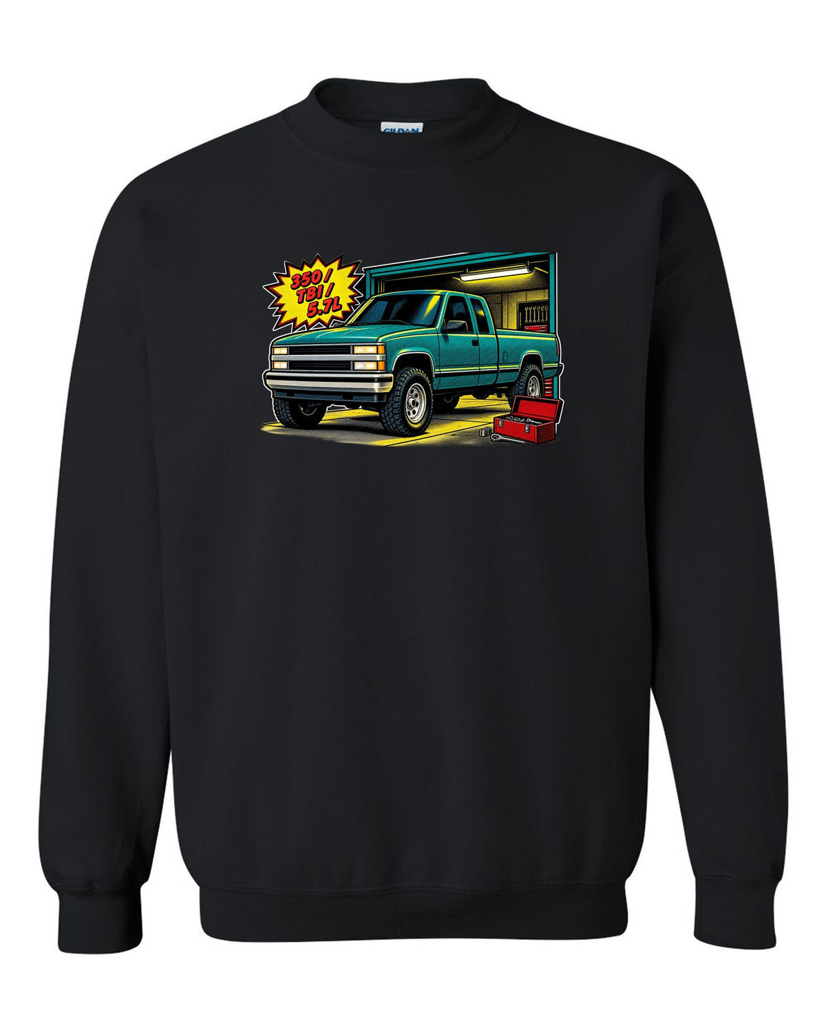 Comic halftone pop-art print of a 1988-1998 Chevrolet GMT400 OBS Silverado with 350 TBI 5.7L text black crewneck front view with the design
