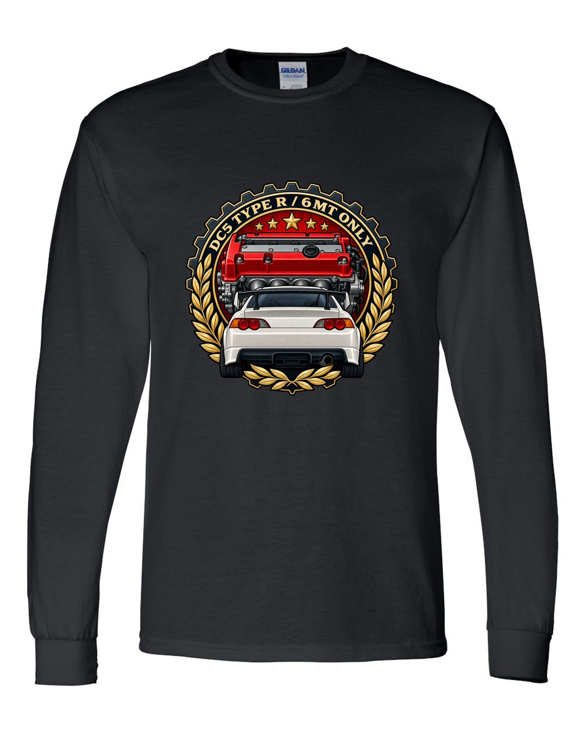 Cel-shaded anime night touge scene with a Honda Integra Type R DC5 black long sleeve front view with the design